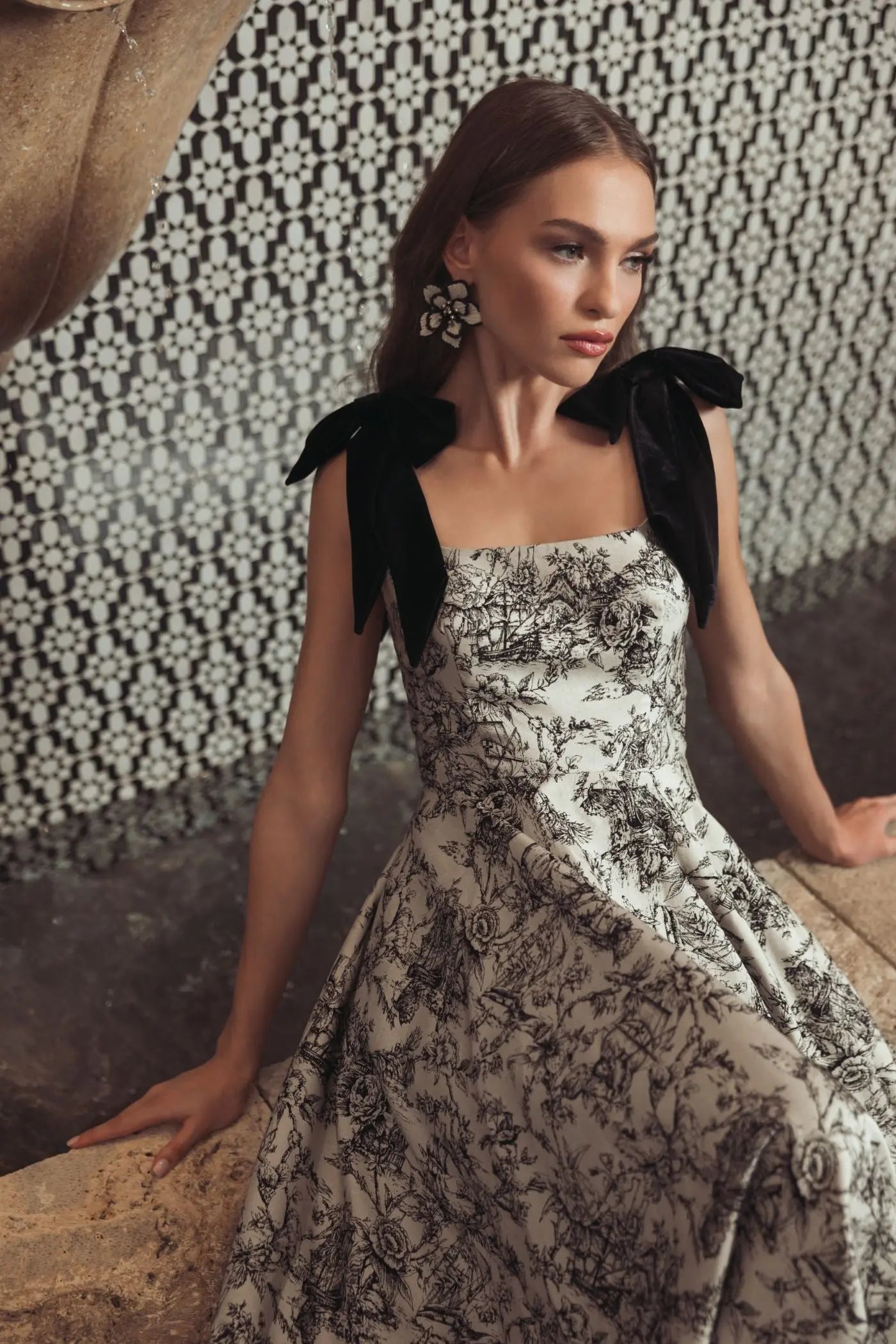 Black Ivory Brocade A Line Midi Dress With Bow Straps Ieena for Mac Duggal