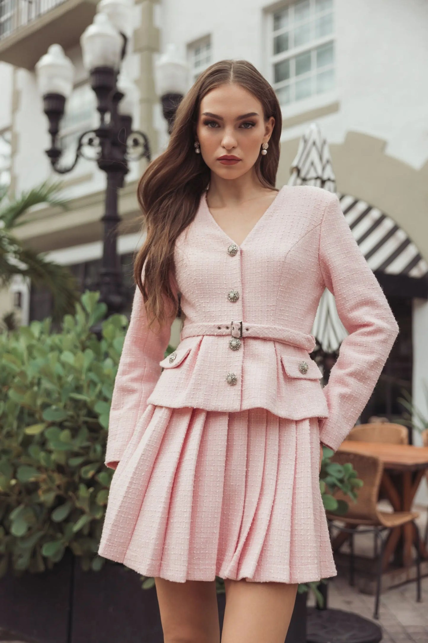 Light Pink Boucle Long Sleeve V-Neck Mini Dress Ieena for Mac Duggal