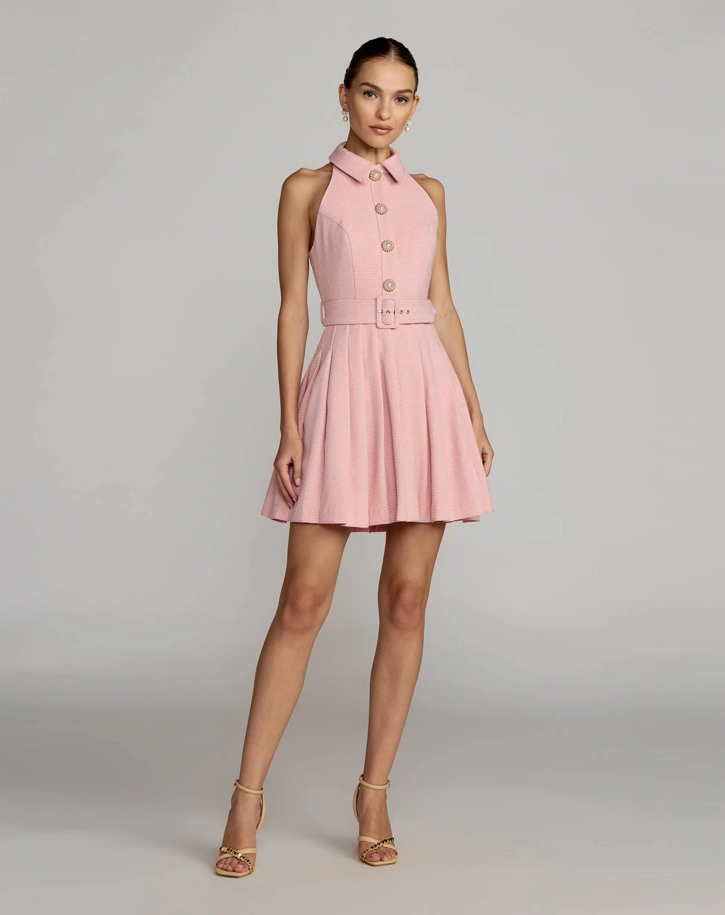 Pink Pleated A Line Mini Dress with Pearl Button Detail - Ieena for Mac Duggal