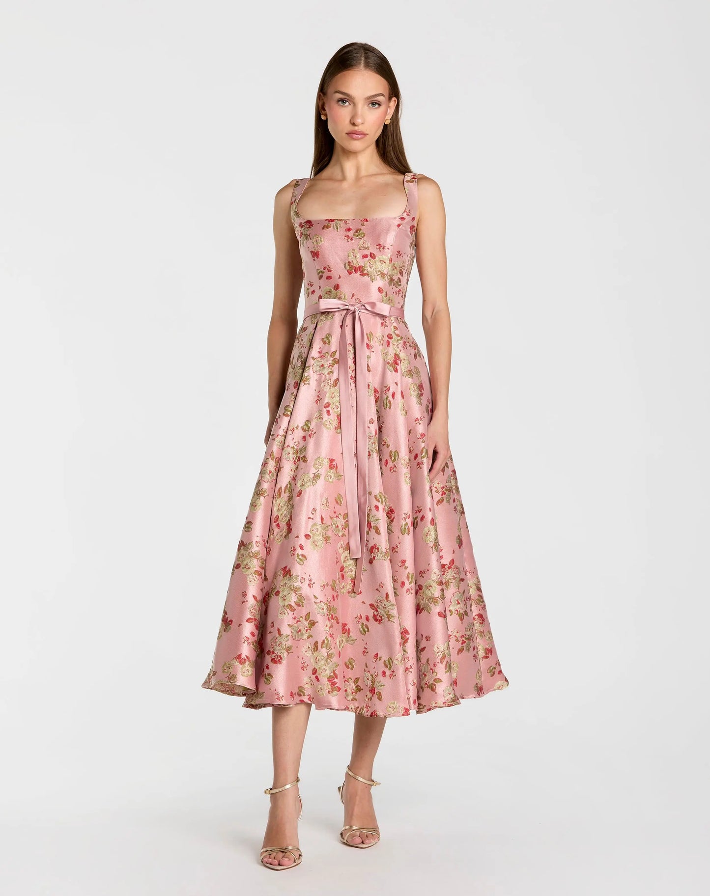 Pink Sleeveless Brocade A Line Midi Dress - Ieena for Mac Duggal
