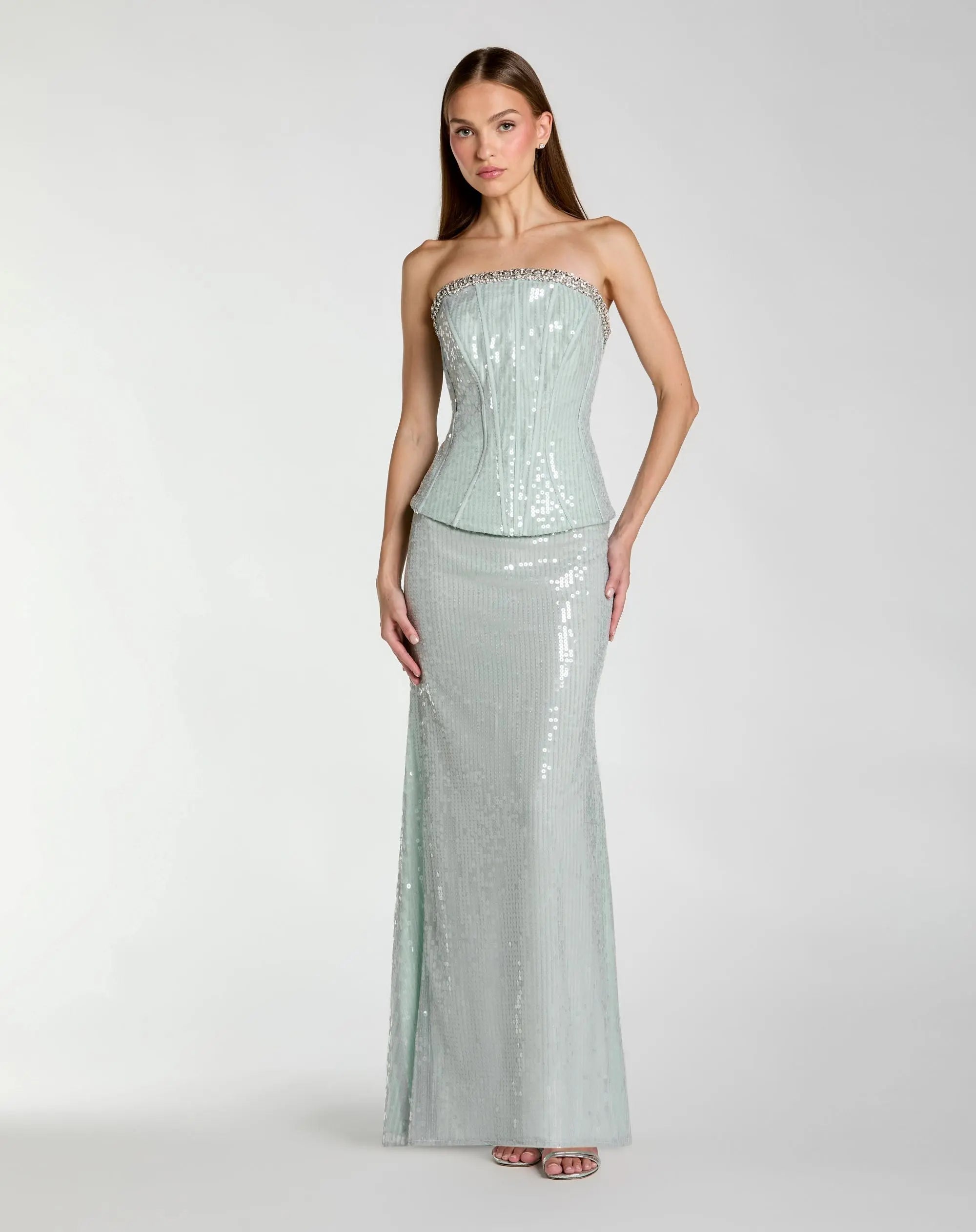 pale blue sequin dress Ottilie Lace high heels and minimal accessories for a flawless fit. Adrianna Papell Sequin Maxi Dress,