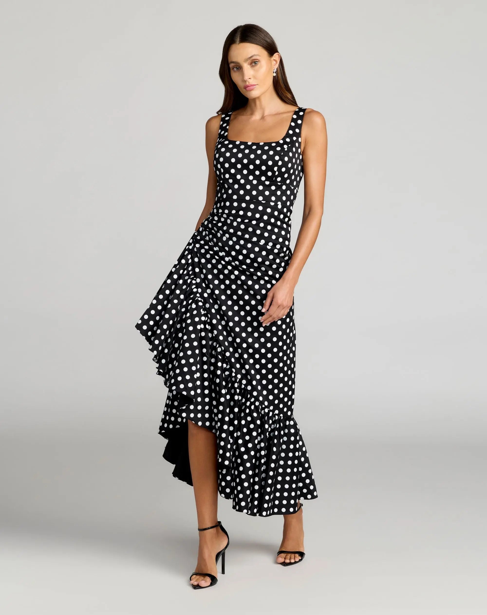 mesh dot micro ruffle midi dress Black Sleeveless Polka Dot Midi Dress With Ruffled Hem