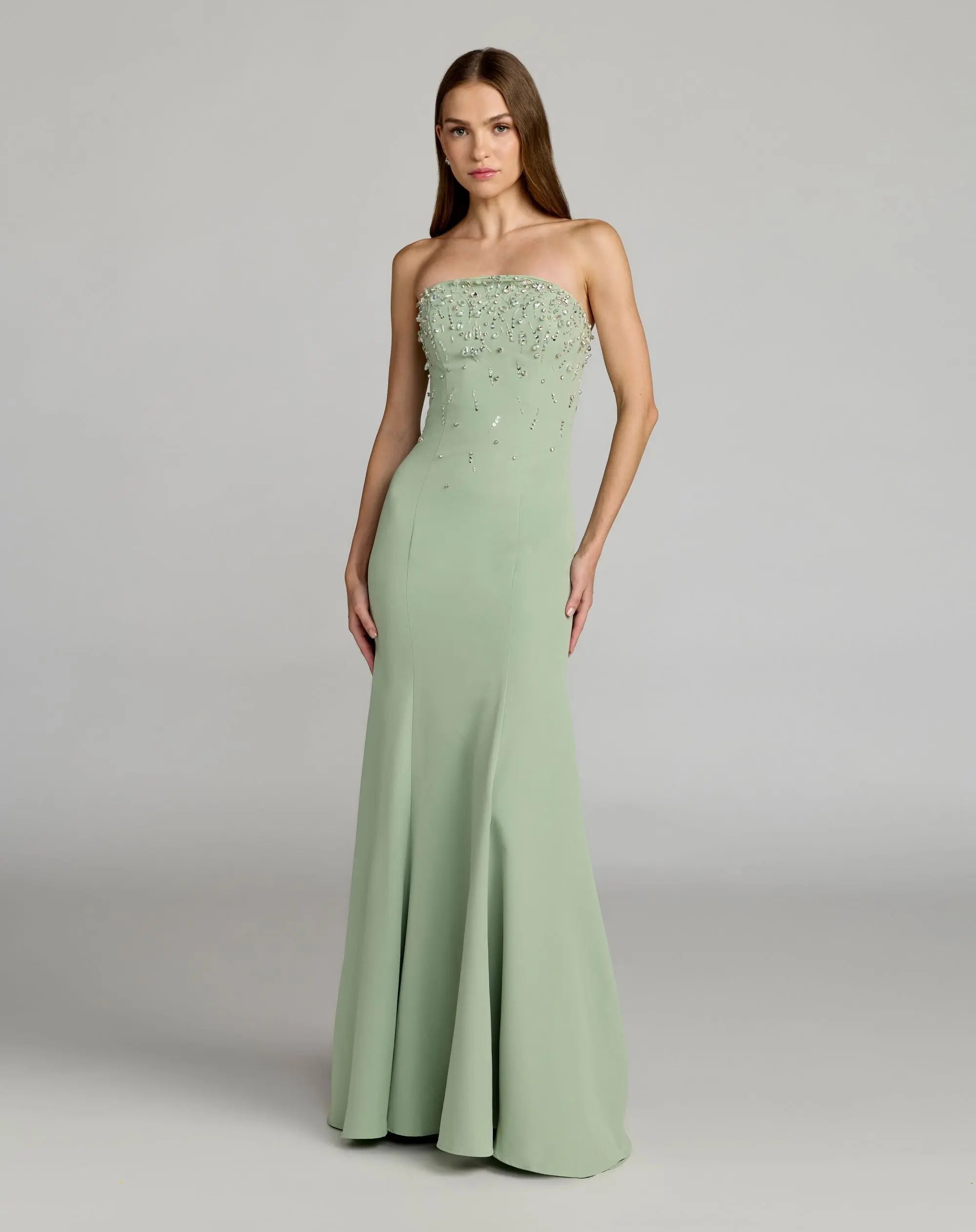 Green Strapless Embellished Crepe Mermaid Gown | Mac Duggal Green Strapless Embellished Crepe Mermaid Gown | Mac Duggal