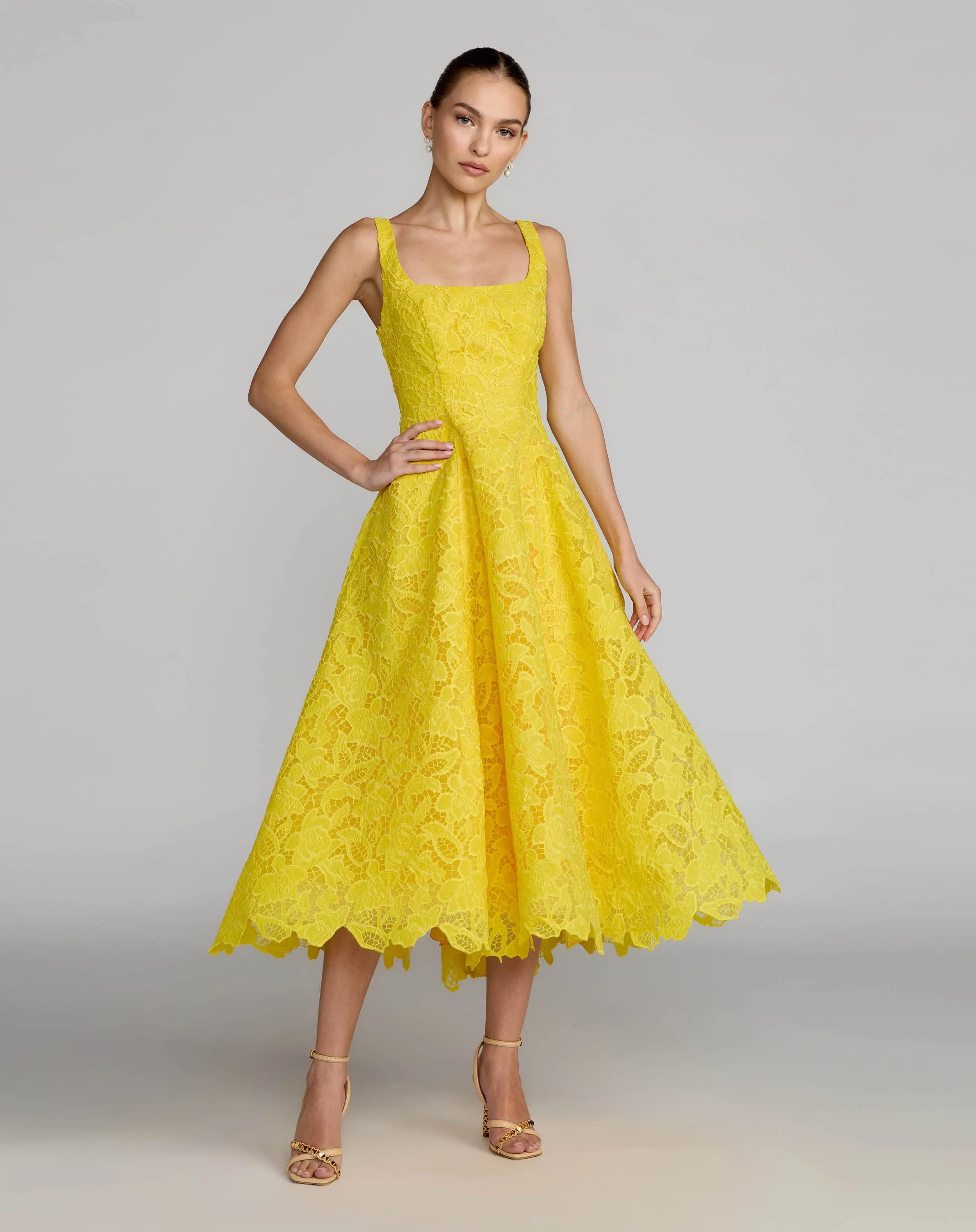 Yellow Lace Square Neck A-Line Midi Dress | Mac Duggal