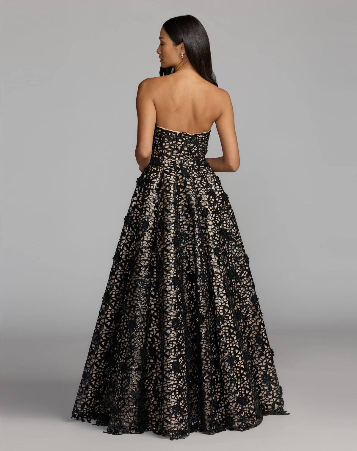 Black Nude Sequin Floral Lace Strapless Ball Gown - Mac Duggal