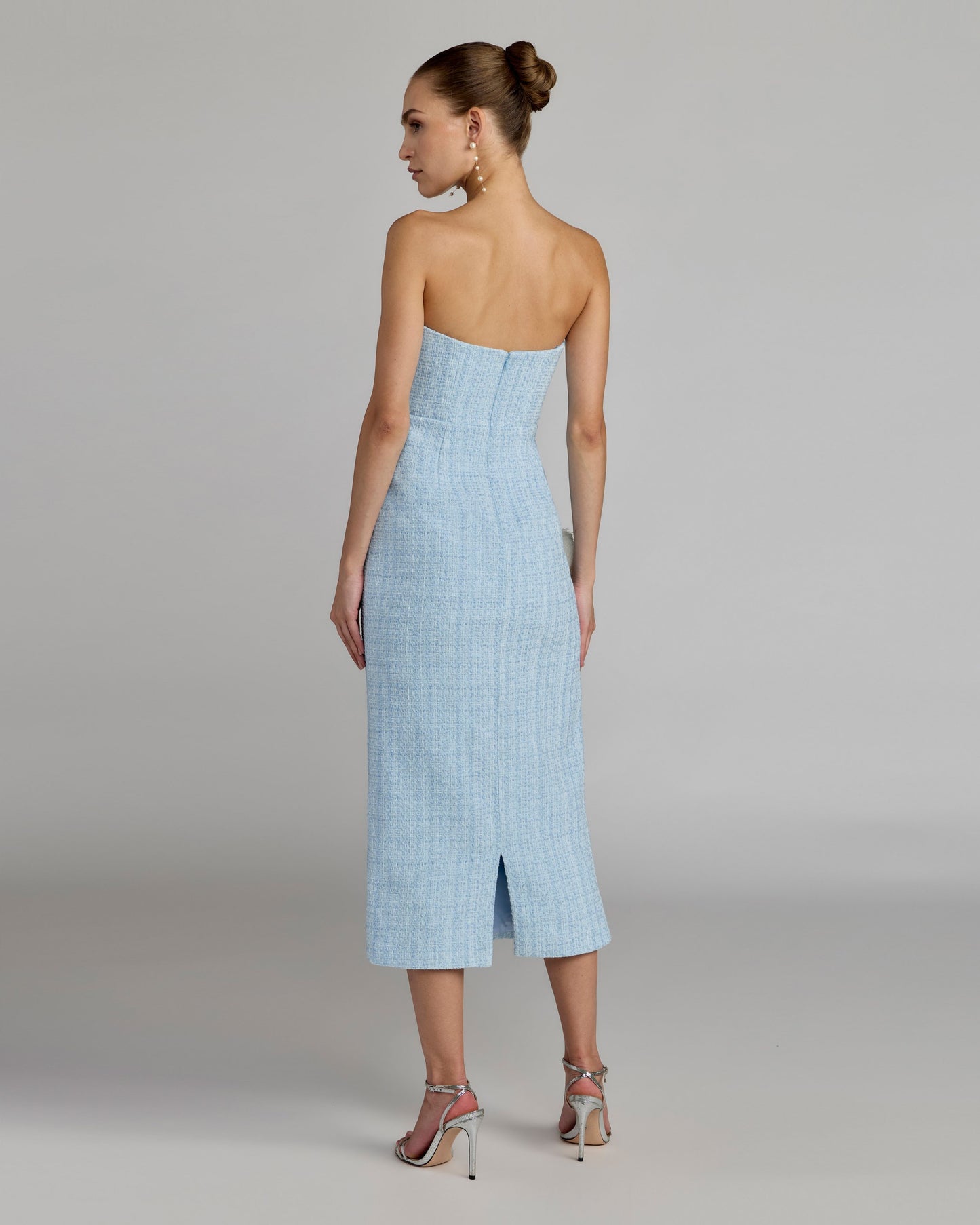 Blue Bouclé Strapless 3D Floral Midi Dress Ieena for Mac Duggal