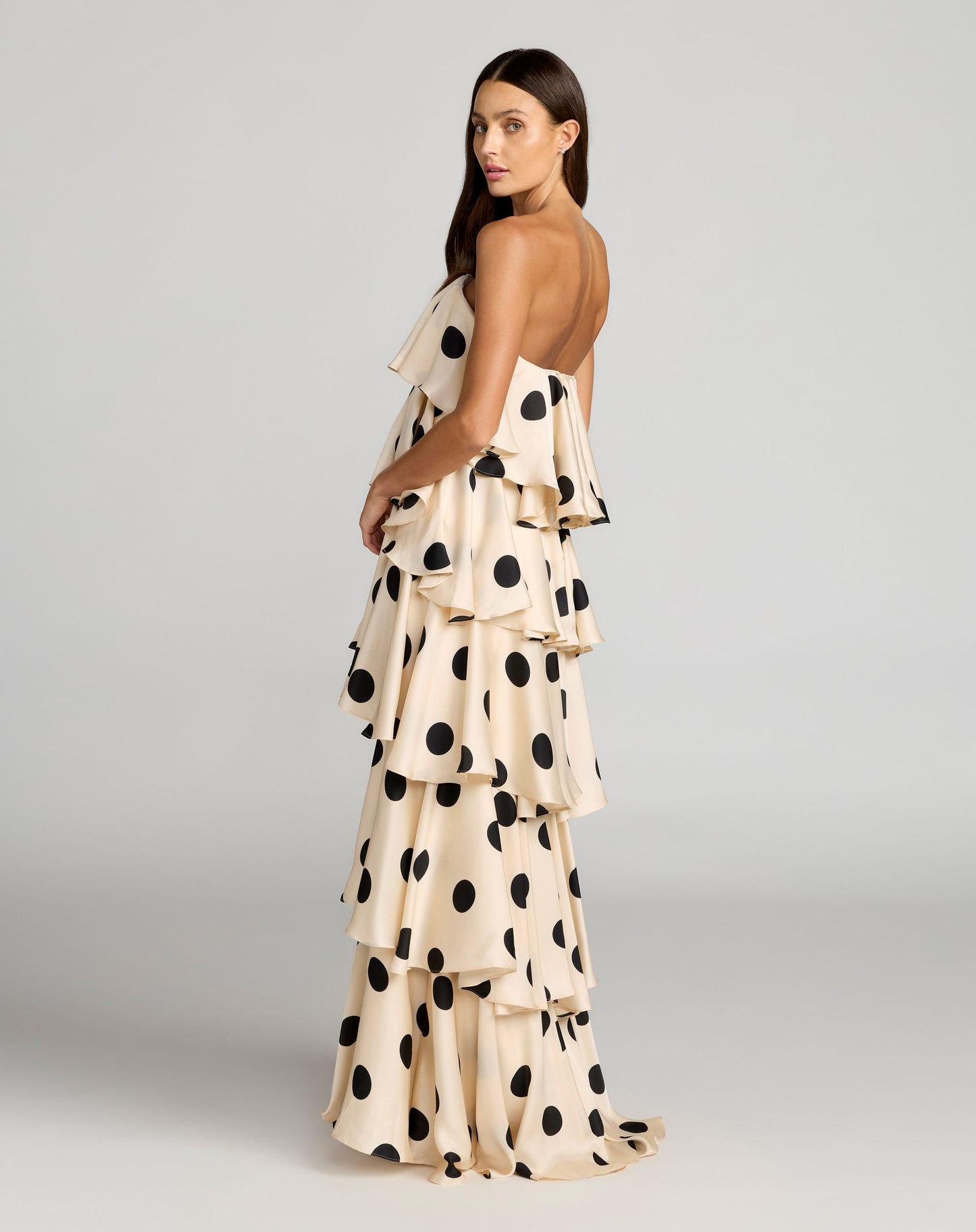 Beige Strapless Polka Dot Charmeuse Ruffle Gown - Ieena for Mac Duggal