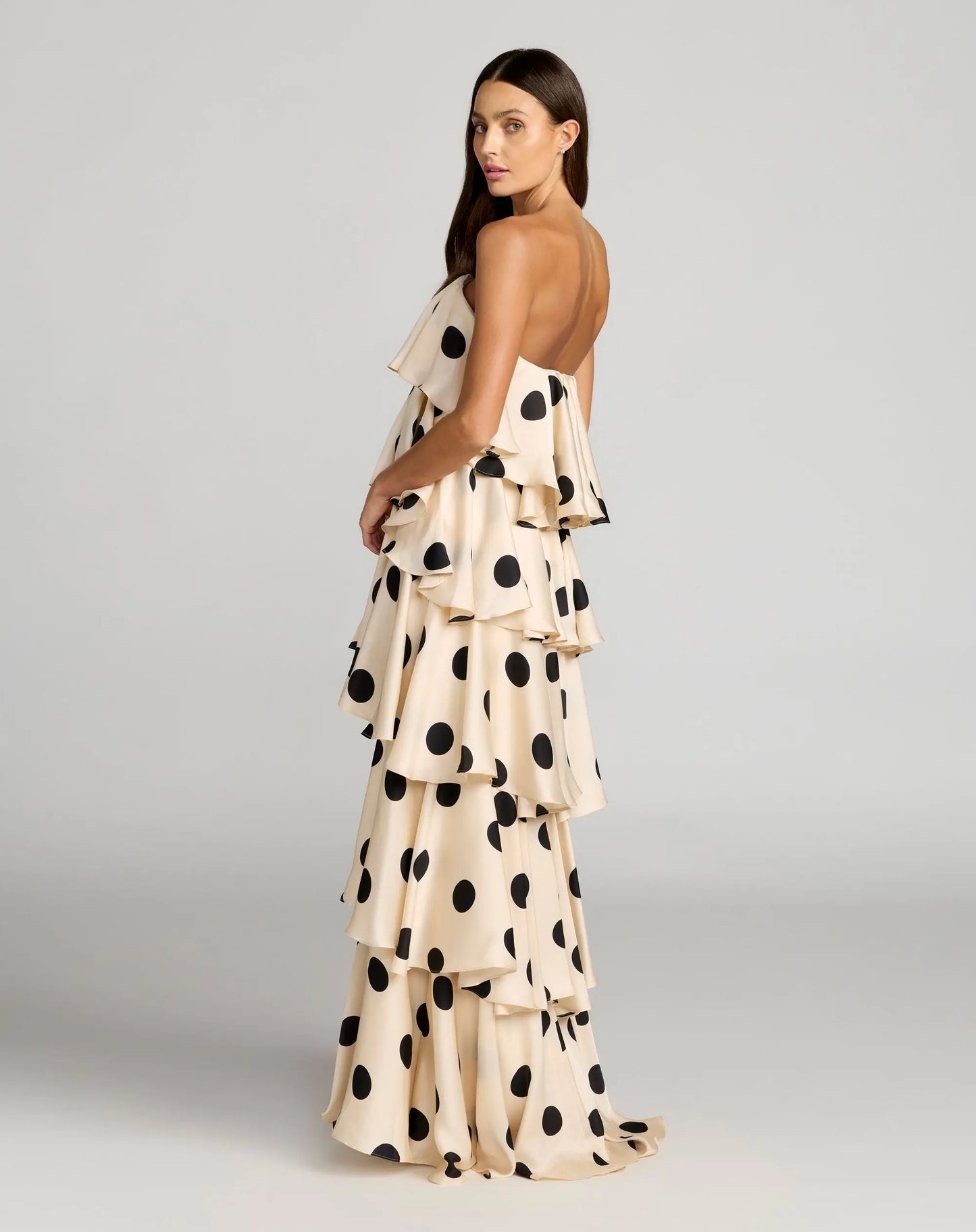 Beige Strapless Polka Dot Charmeuse Ruffle Gown - Ieena for Mac Duggal
