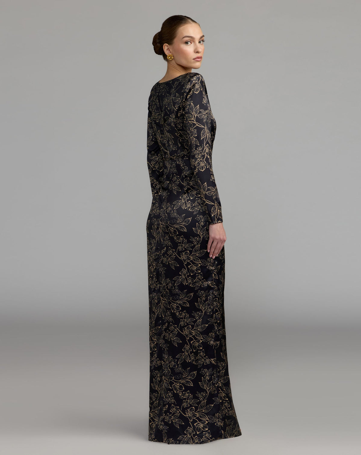 Black Floral Printed Long Sleeve Gown With Bow - Ieena for Mac Duggal