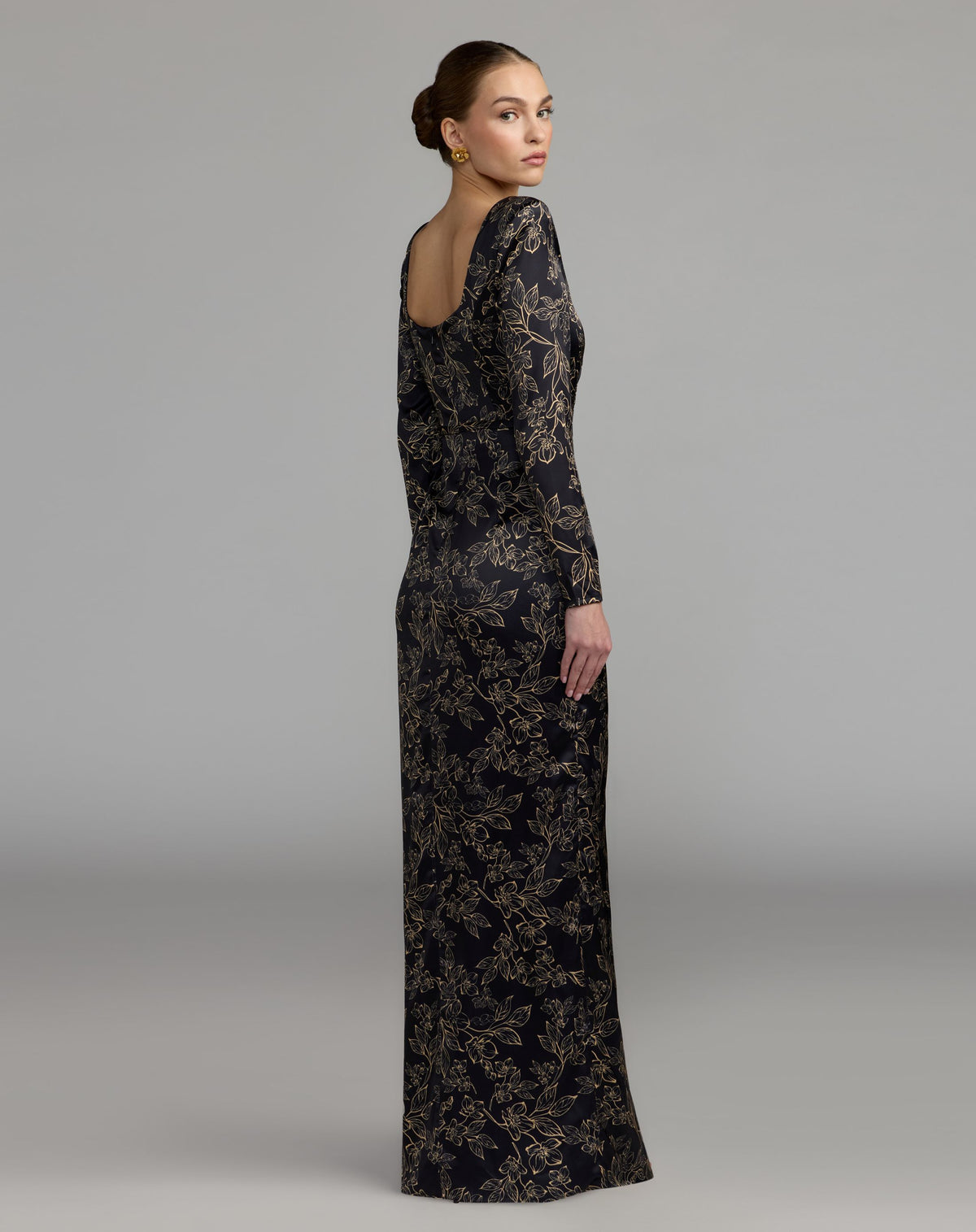 Black Floral Printed Long Sleeve Gown With Bow - Ieena for Mac Duggal