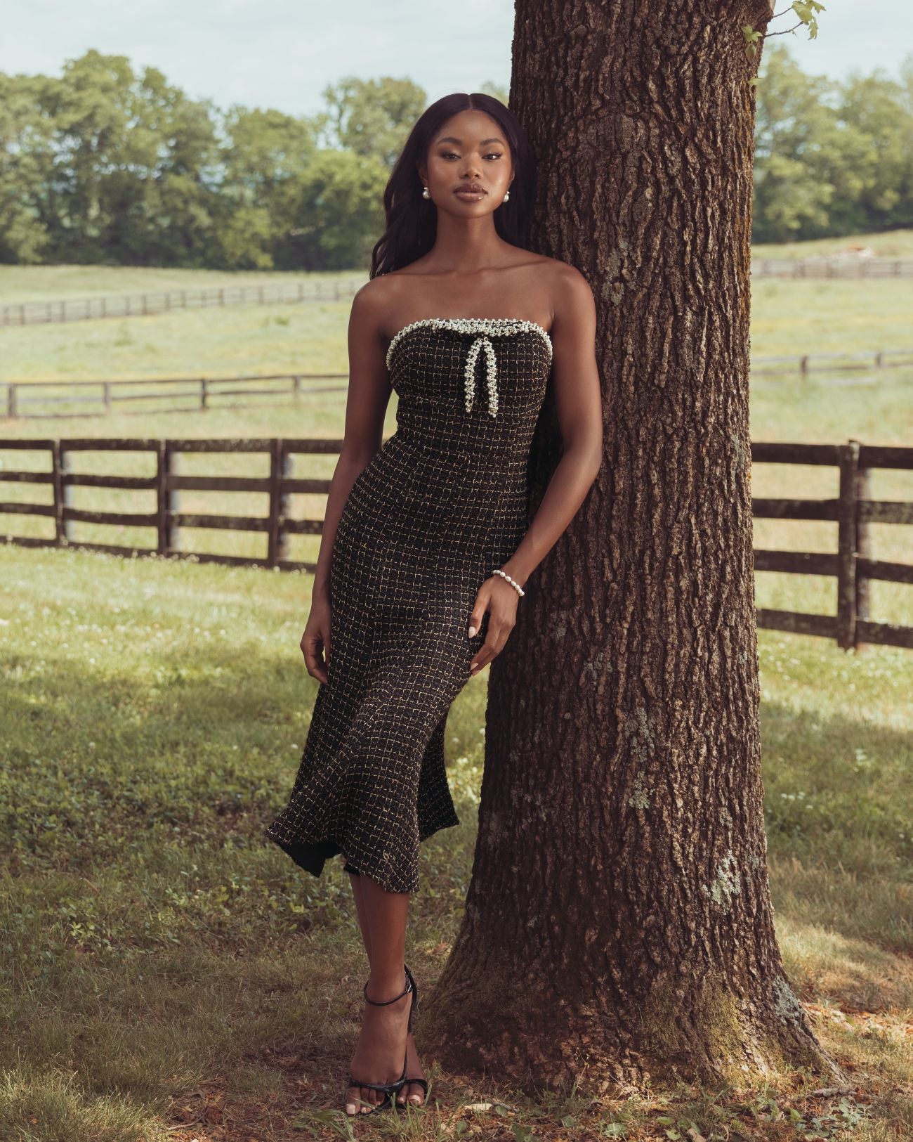 Black Pearl Trim Bouclé Midi Dress Mac Duggal