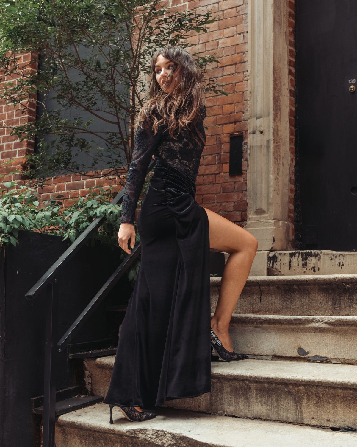 Black Nude Embroidered Lace Velvet Long Sleeve Gown - Ieena for Mac Duggal