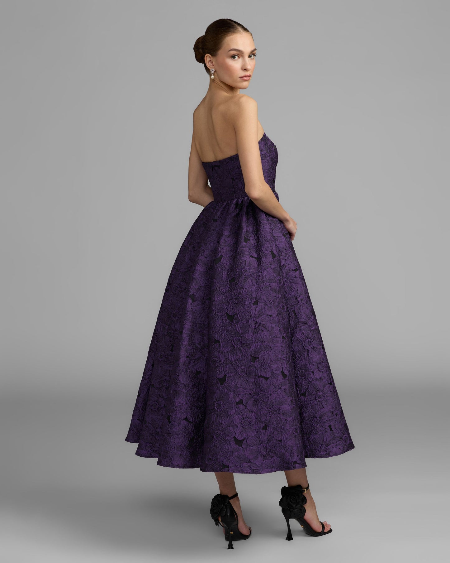 Purple Floral Brocade Strapless Midi Dress Mac Duggal