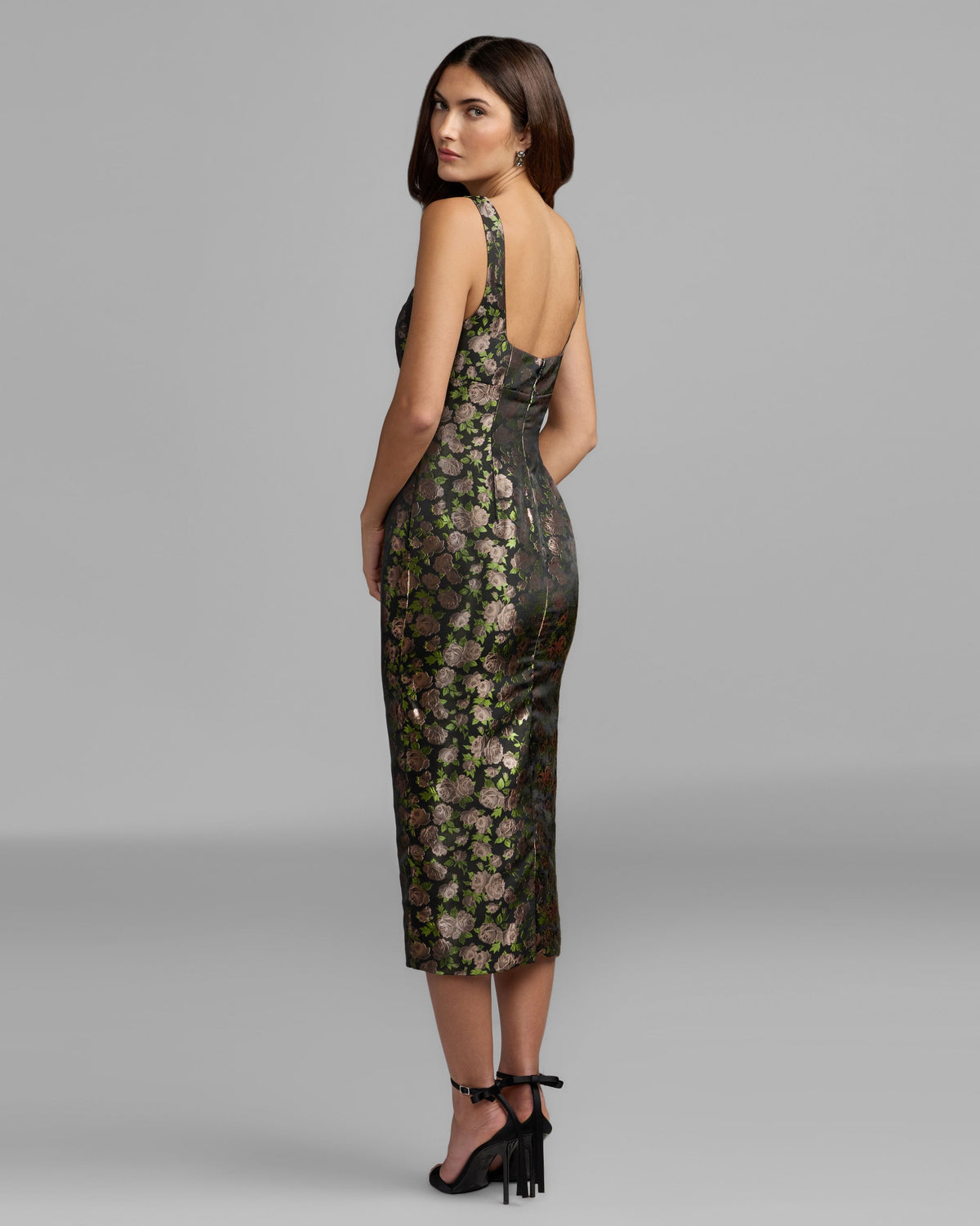 Black Multi Floral Brocade Midi Dress Mac Duggal