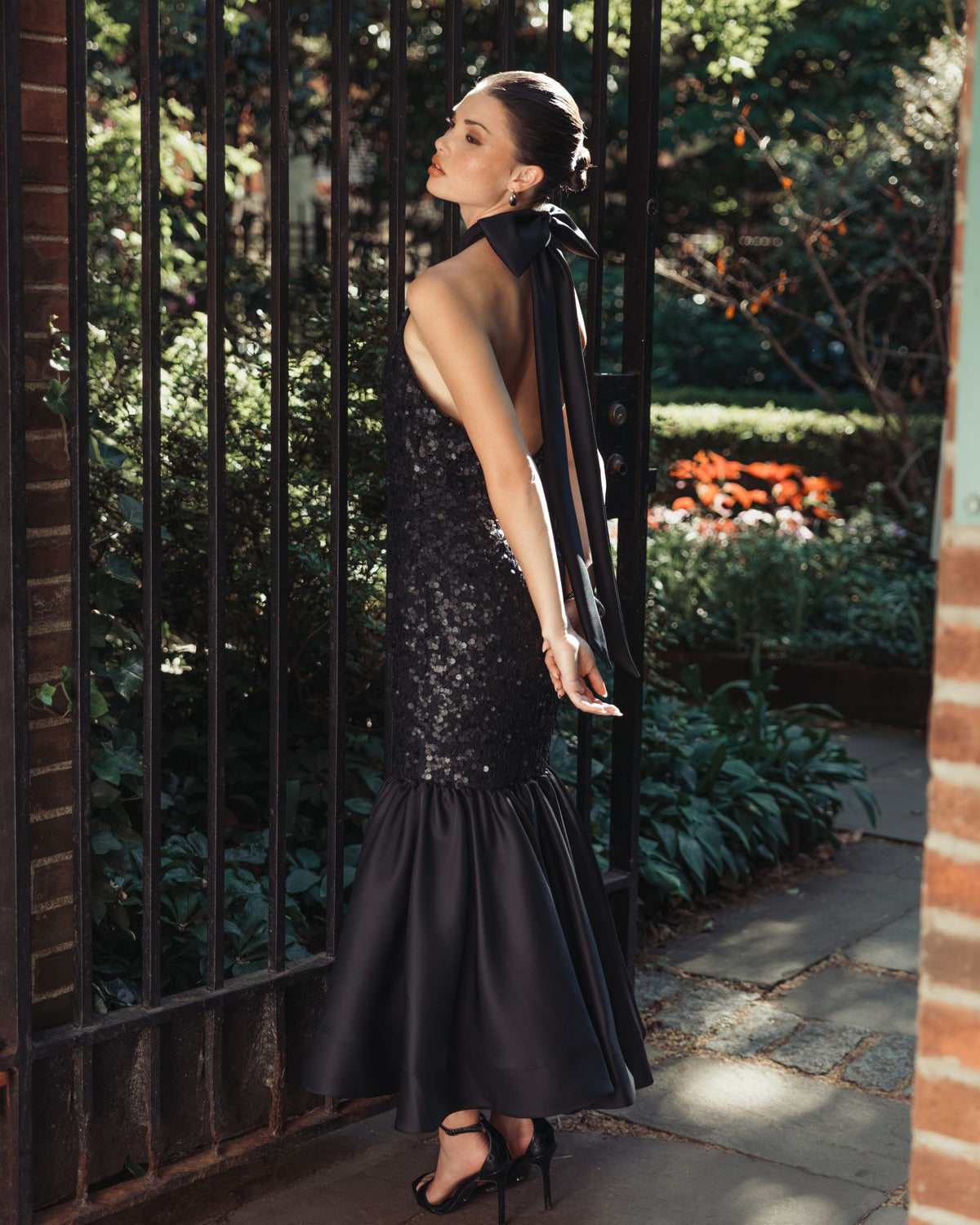 Black Sequin Halter Bow Midi Dress - Ieena for Mac Duggal