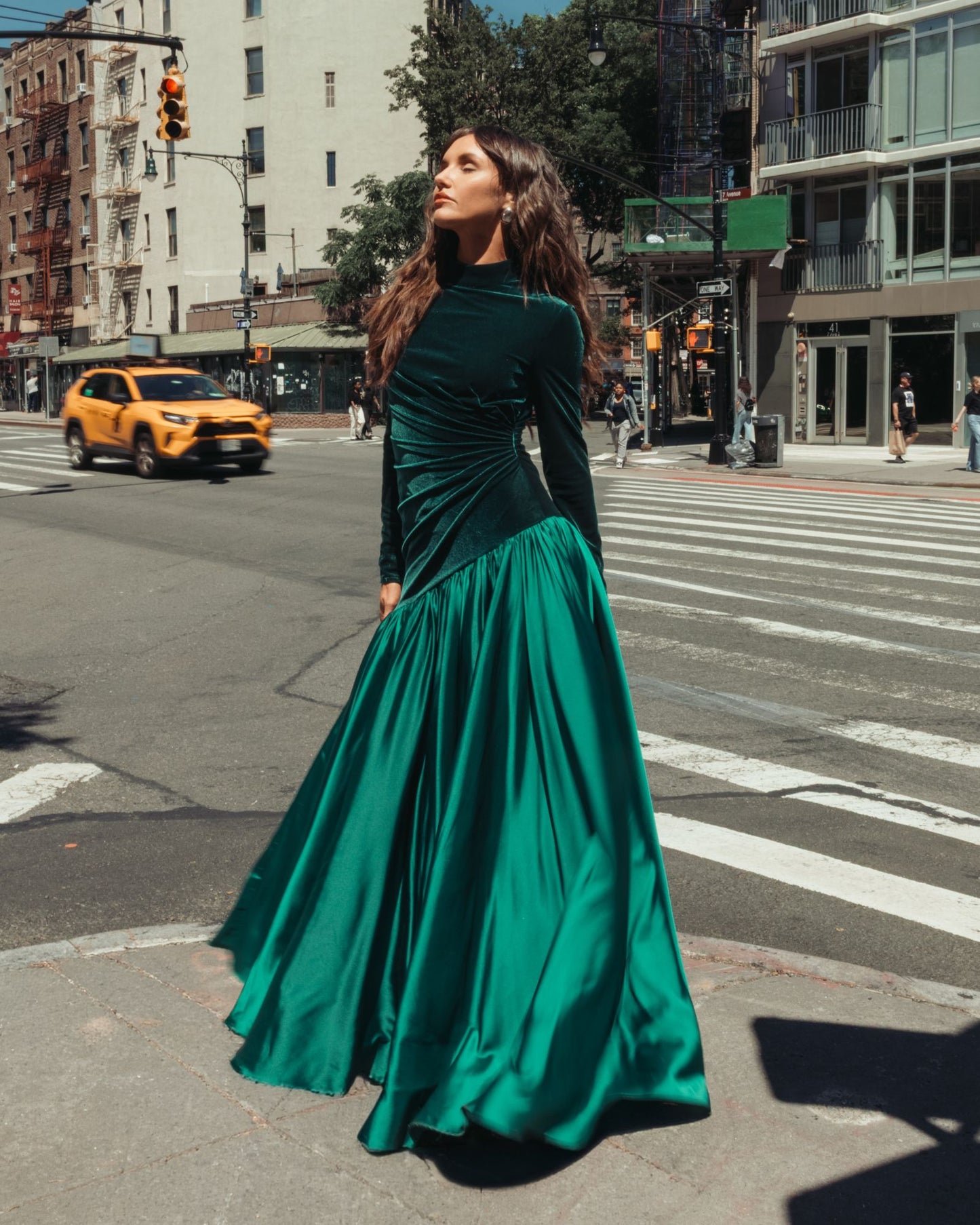 Emerald Green Velvet Bodice Long Sleeve Charmeuse Gown - Ieena for Mac Duggal