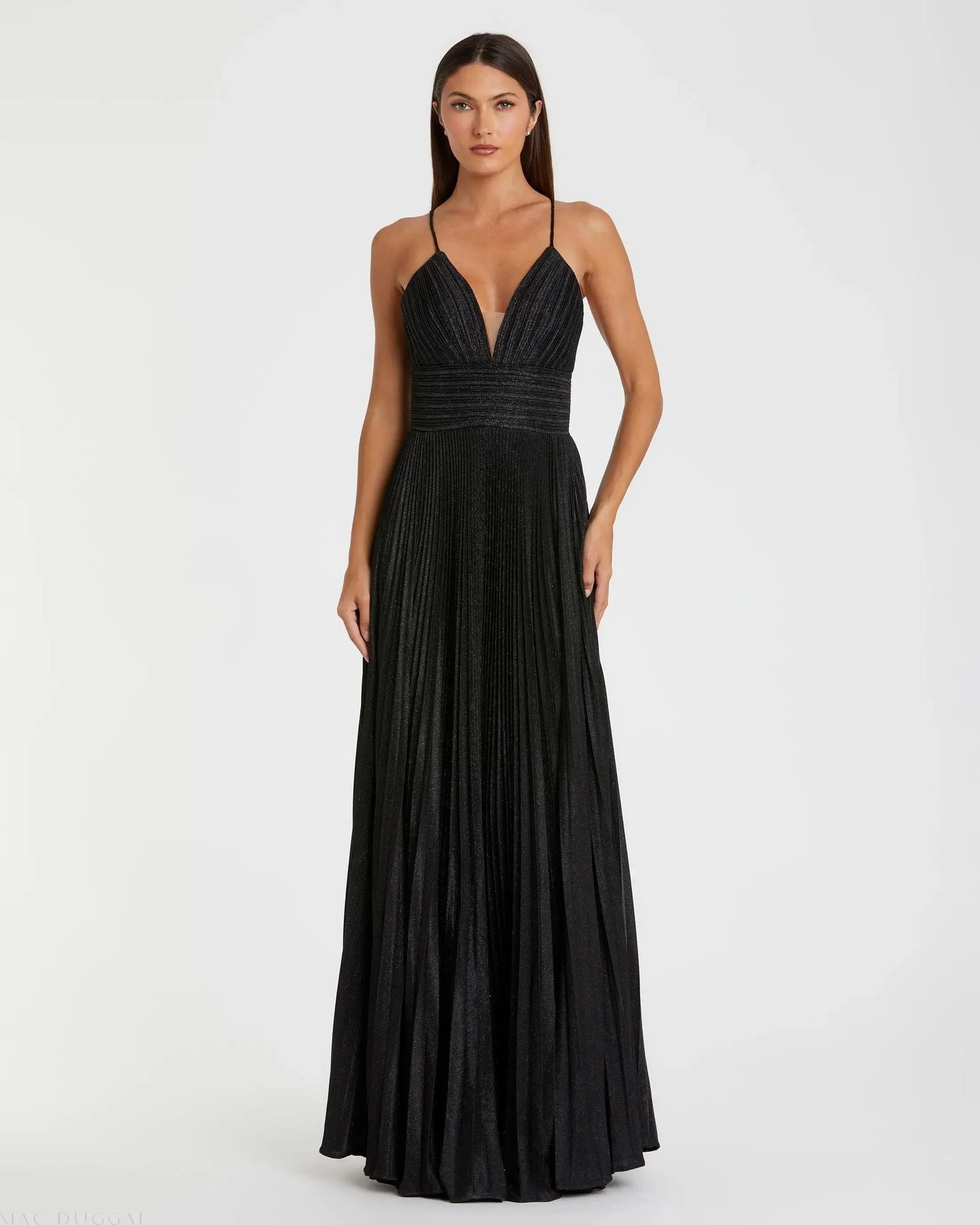 Black Shimmer Pleated V-Neck Gown - Mac Duggal