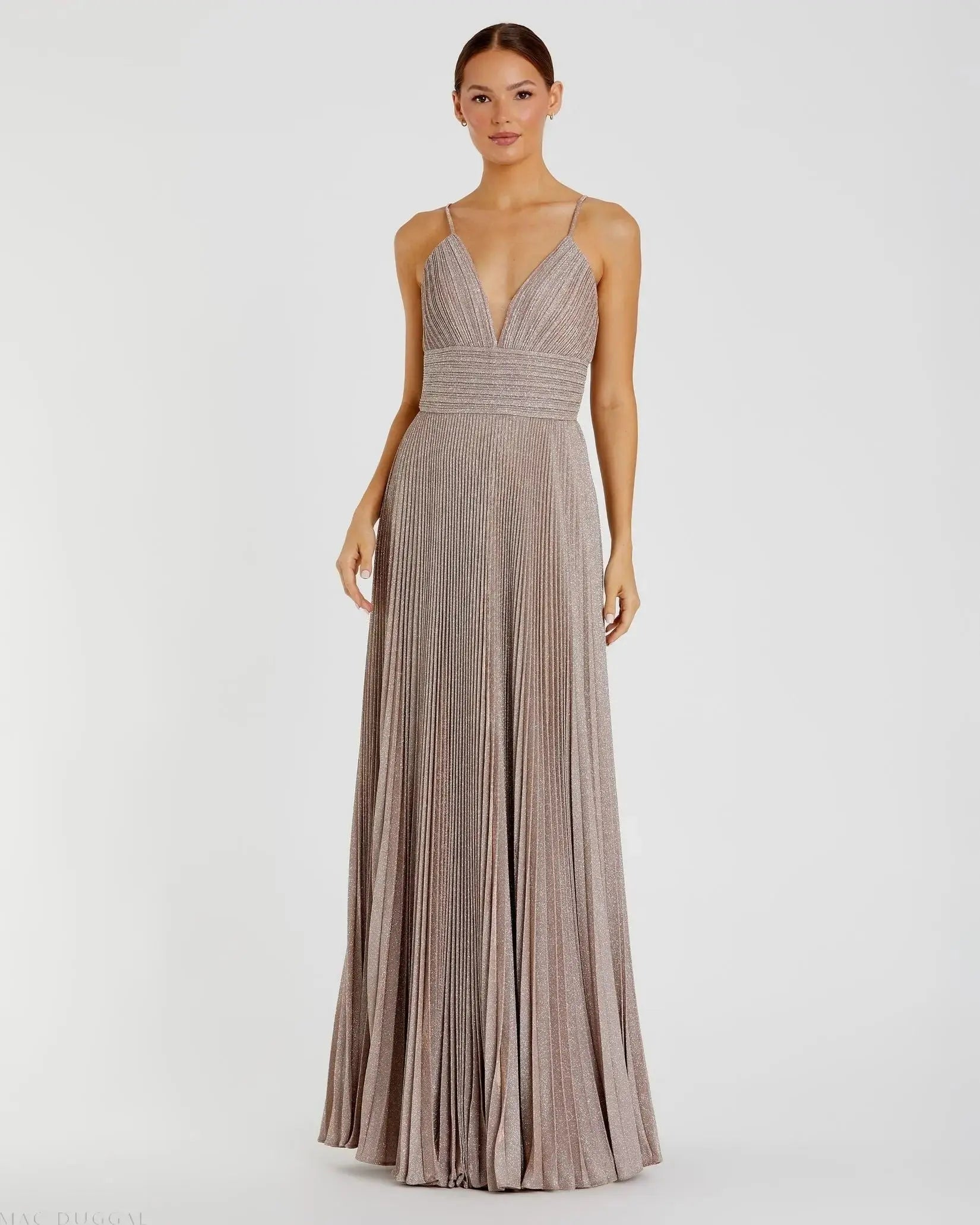 Pink Shimmer Pleated V-Neck Gown - Mac Duggal Pink Shimmer Pleated V-Neck Gown - Mac Duggal
