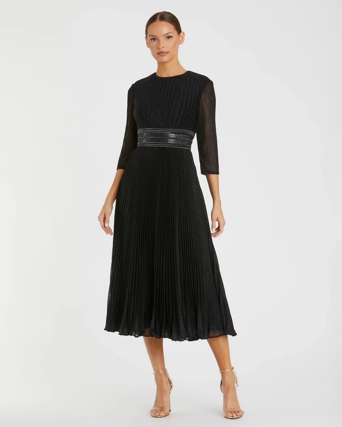 Black Shimmering 3/4 Sleeve A-Line Midi Dress - Mac Duggal