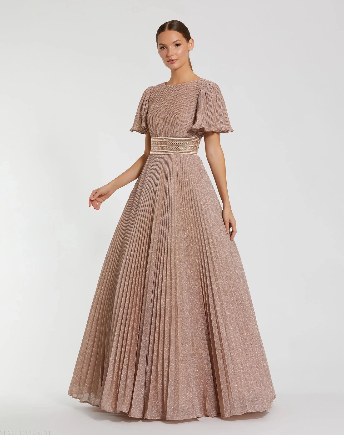 Pink Pleated Shimmering Flutter Sleeve Gown - Ieena for Mac Duggal