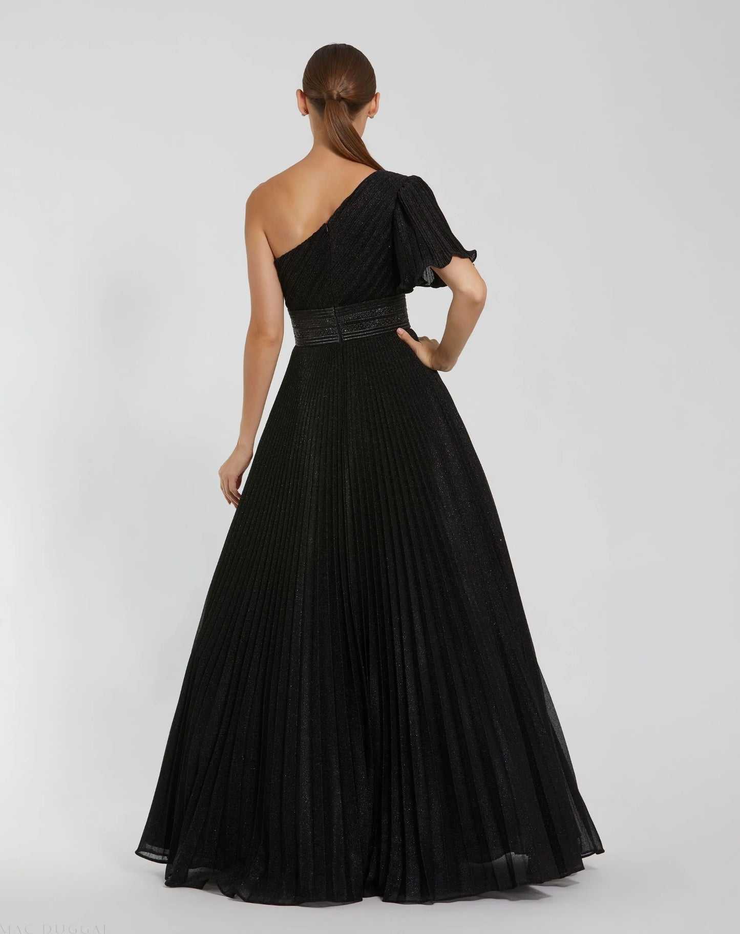 Black Pleated Shimmering Georgette One Shoulder Gown - Ieena for Mac Duggal