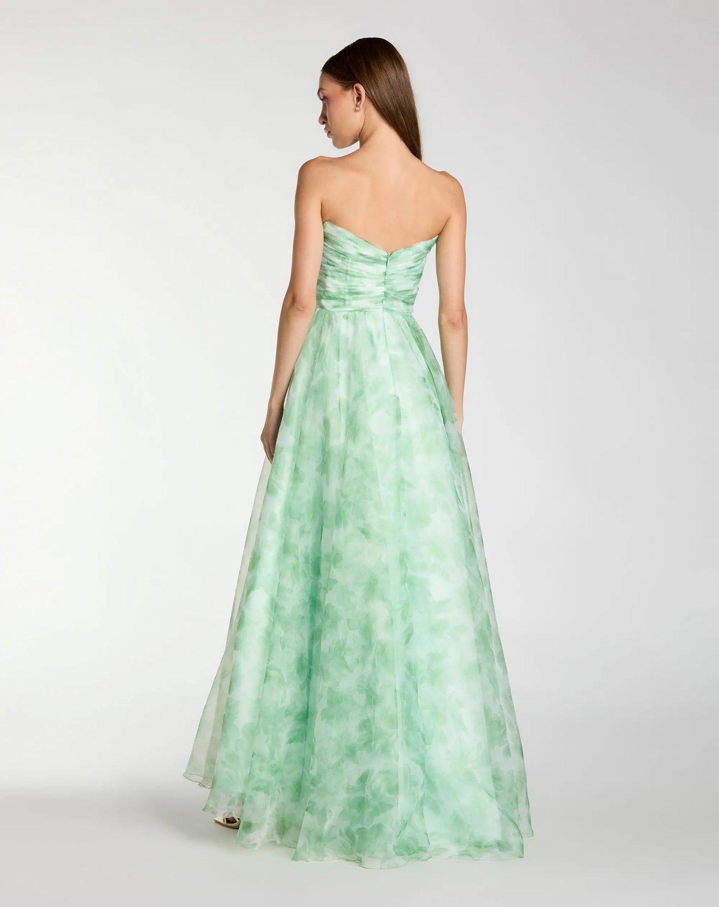 Green Strapless Chiffon Gown with Ruched Detail - Ieena for Mac Duggal