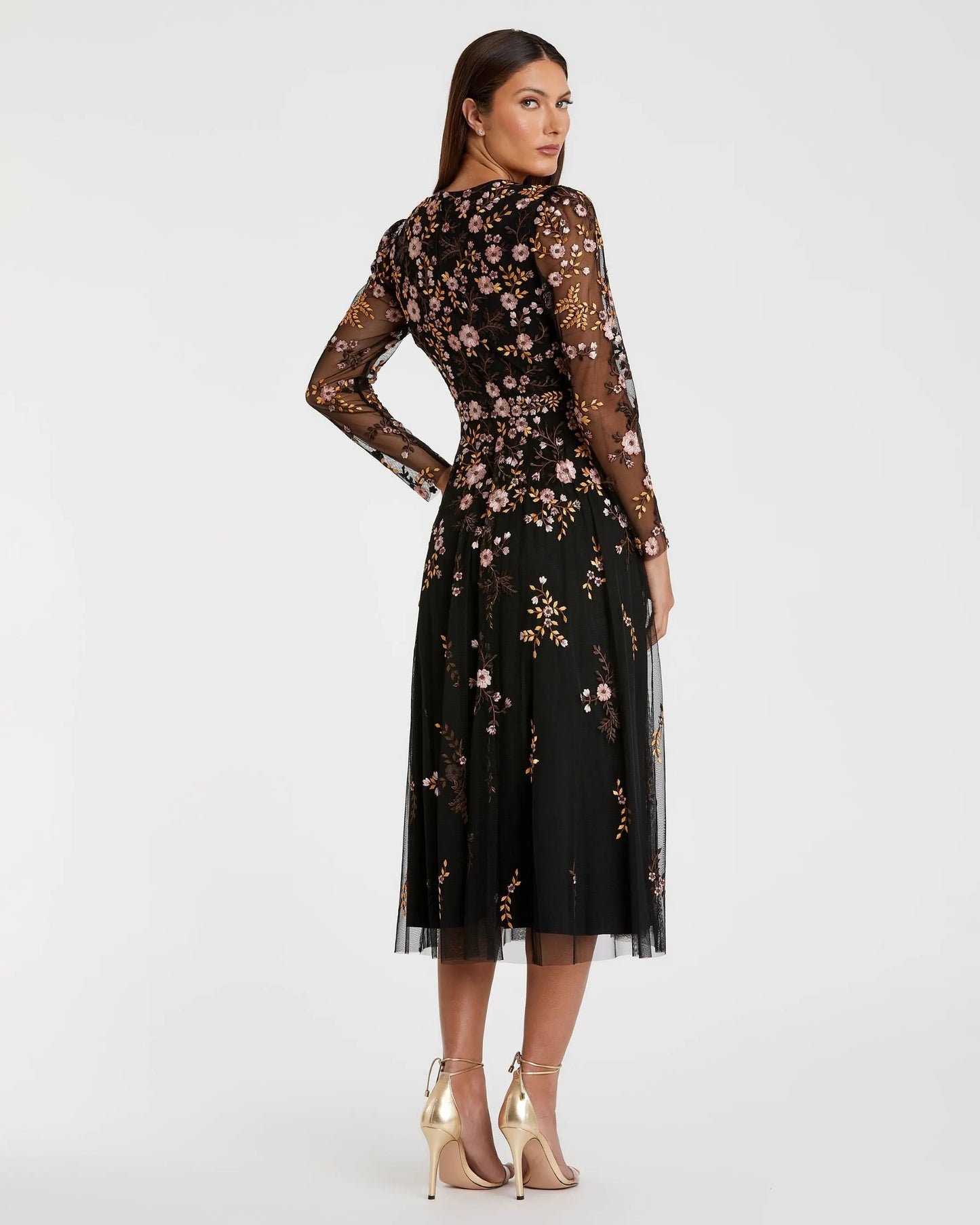 Black Multicolor Floral Embroidered A-Line Cocktail Dress - Mac Duggal