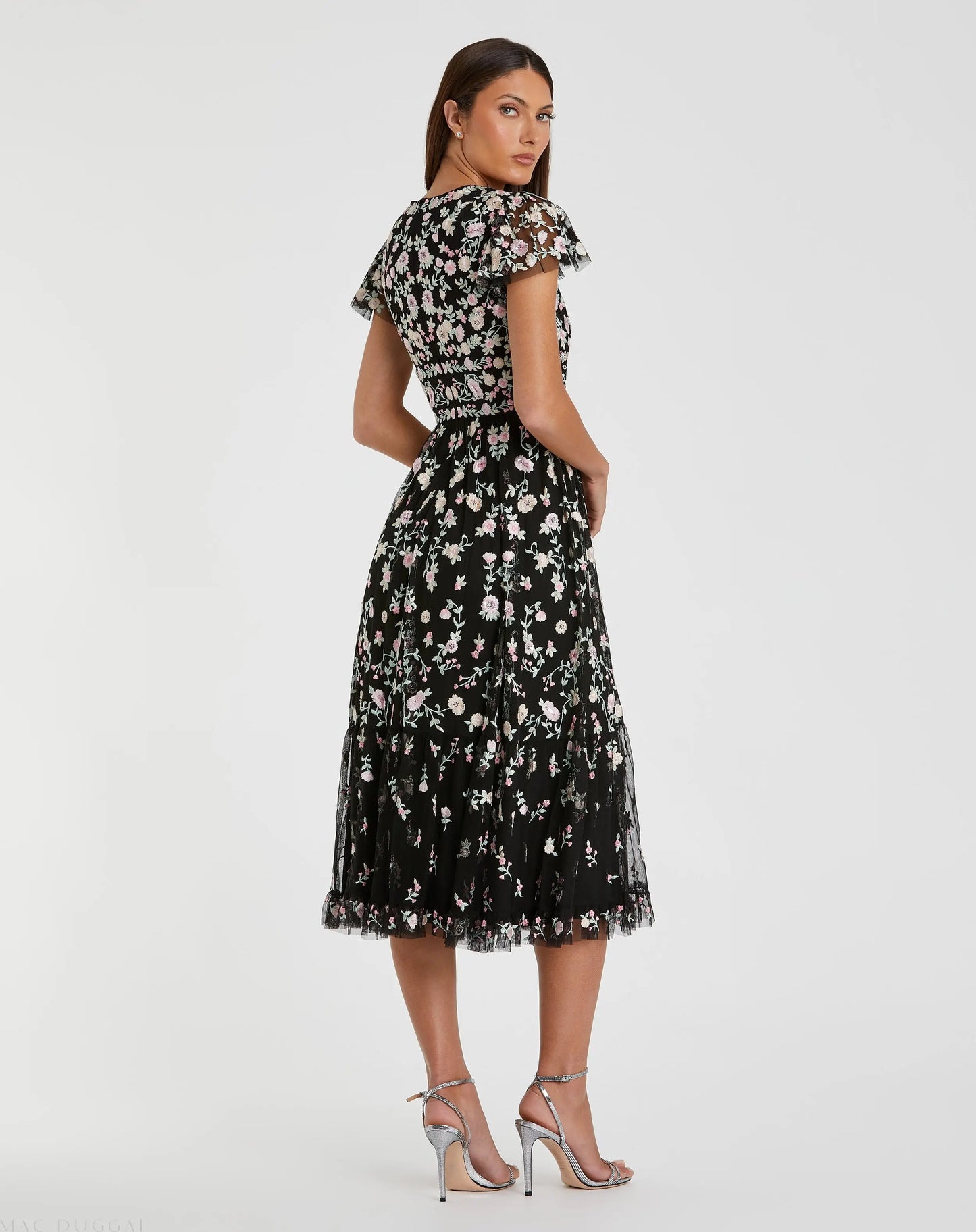 Black Multicolor Embroidered V Neck Cap Sleeve Midi Dress - Mac Duggal