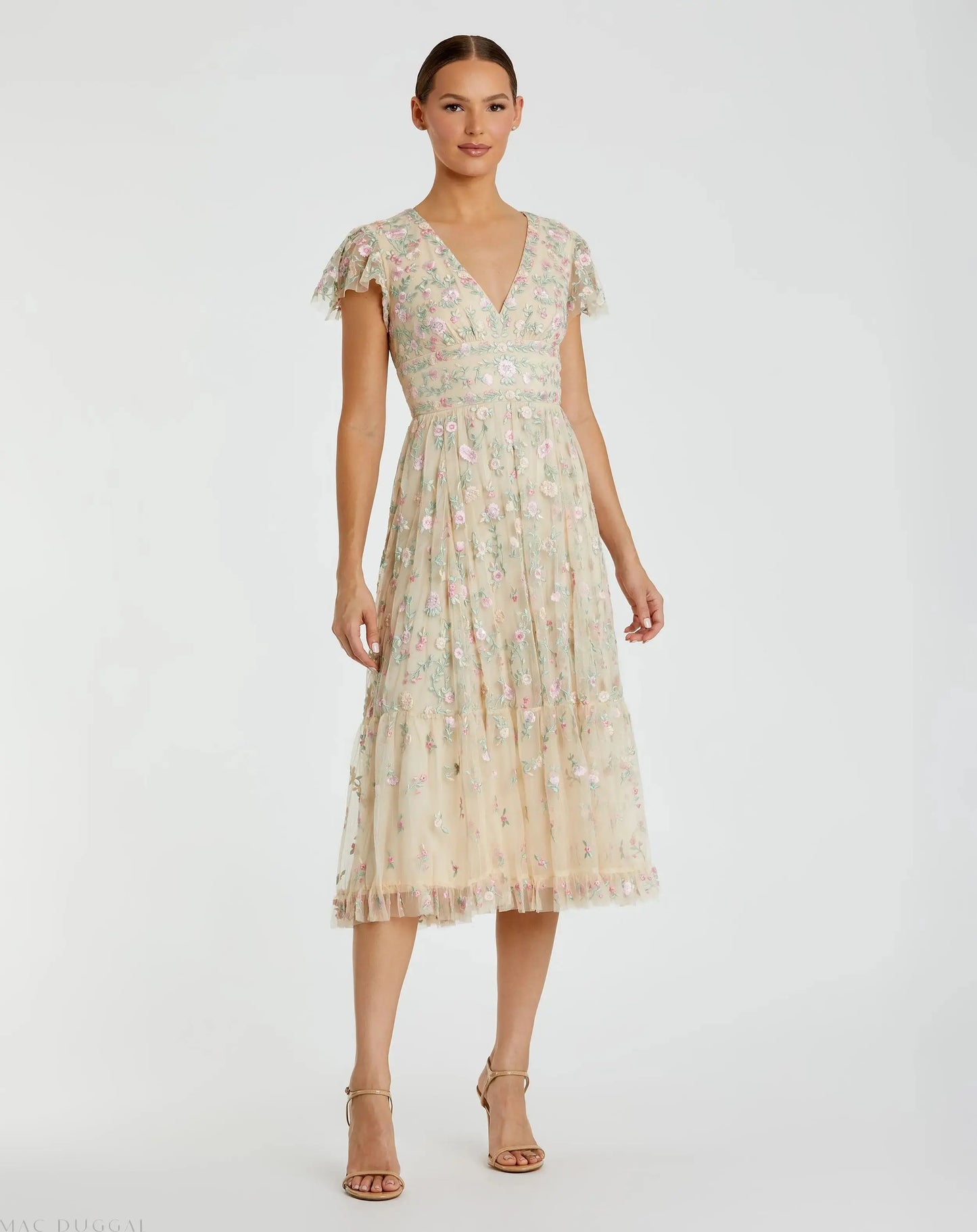 Beige Multicolor Embroidered V Neck Cap Sleeve Midi Dress - Mac Duggal
