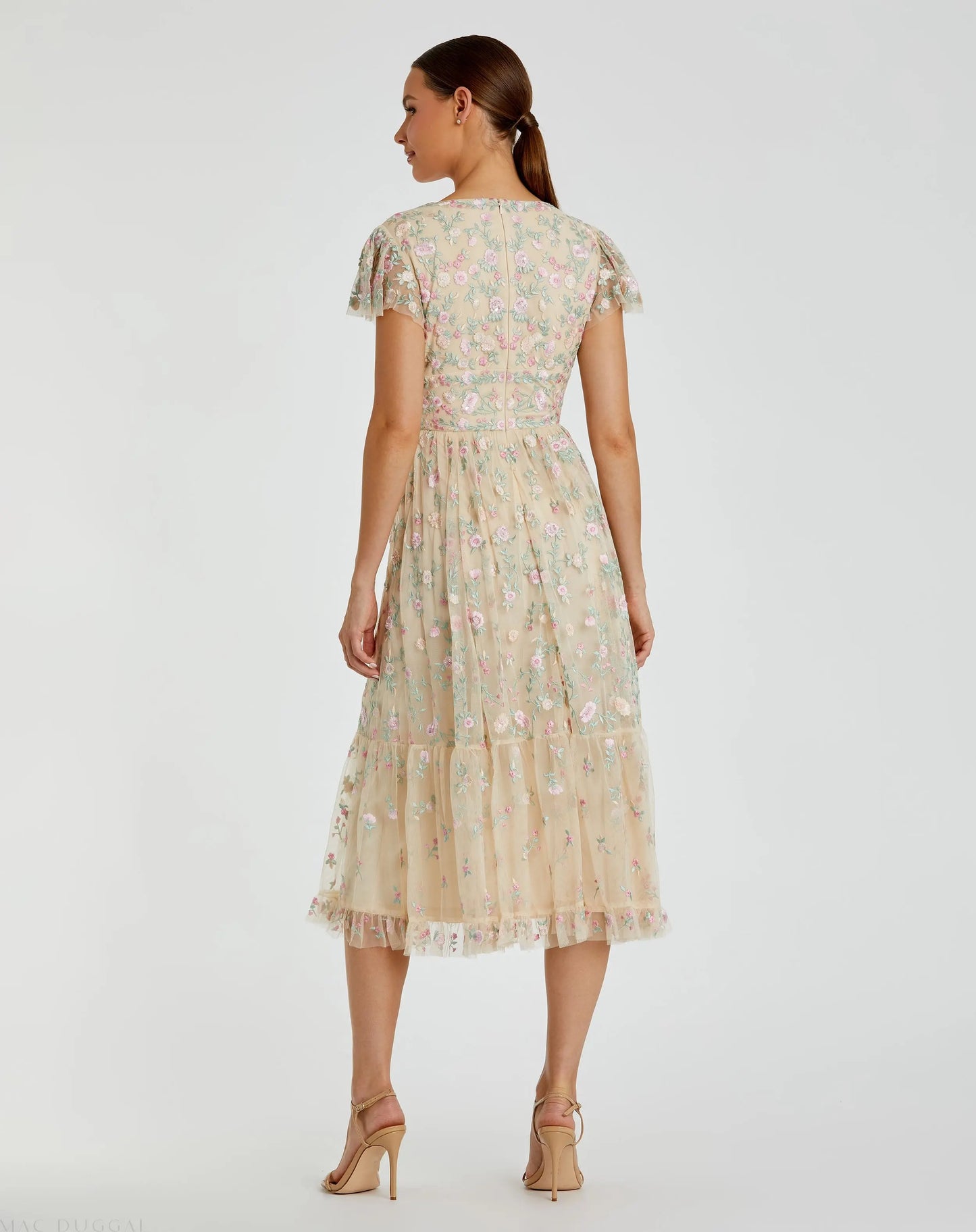 Beige Multicolor Embroidered V Neck Cap Sleeve Midi Dress - Mac Duggal