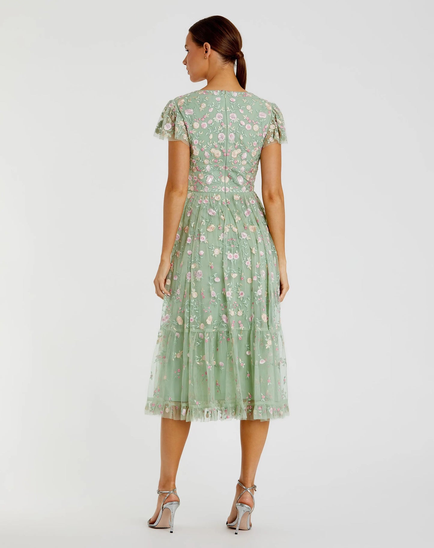 Green Multicolor Embroidered V Neck Cap Sleeve Midi Dress - Mac Duggal