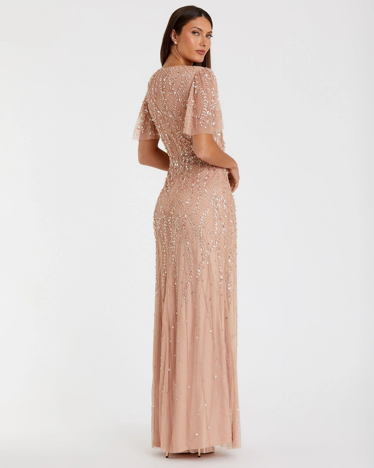 Pink Embellished Flutter Sleeve Gown - Mac Duggal