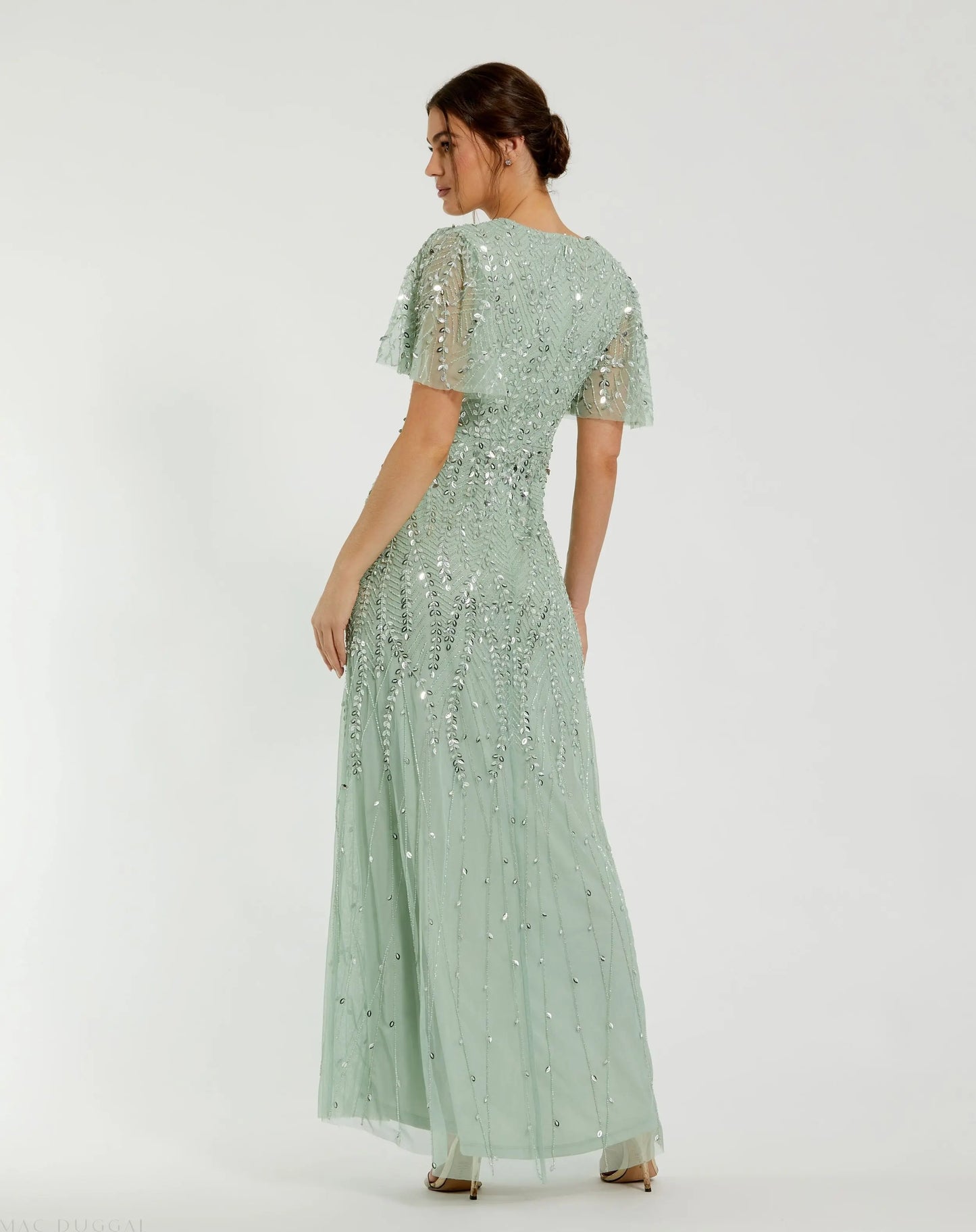 Green Beaded Wrap Over Butterfly Sleeve Column Gown - Mac Duggal