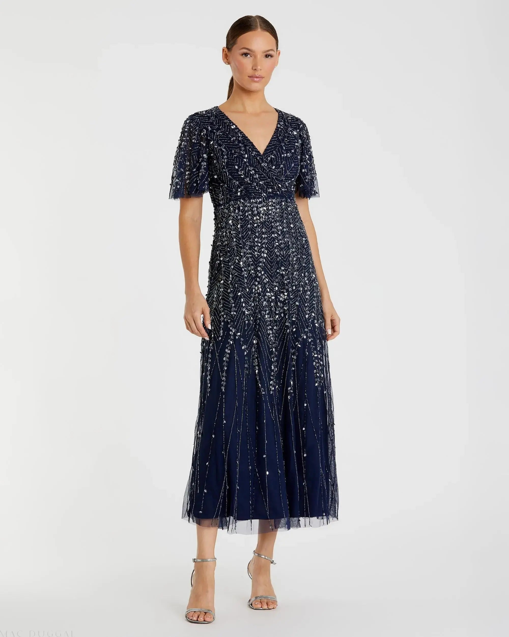 Navy Beaded Wrap Over Butterfly Sleeve Dress | Mac Duggal Navy Beaded Wrap Over Butterfly Sleeve Dress | Mac Duggal