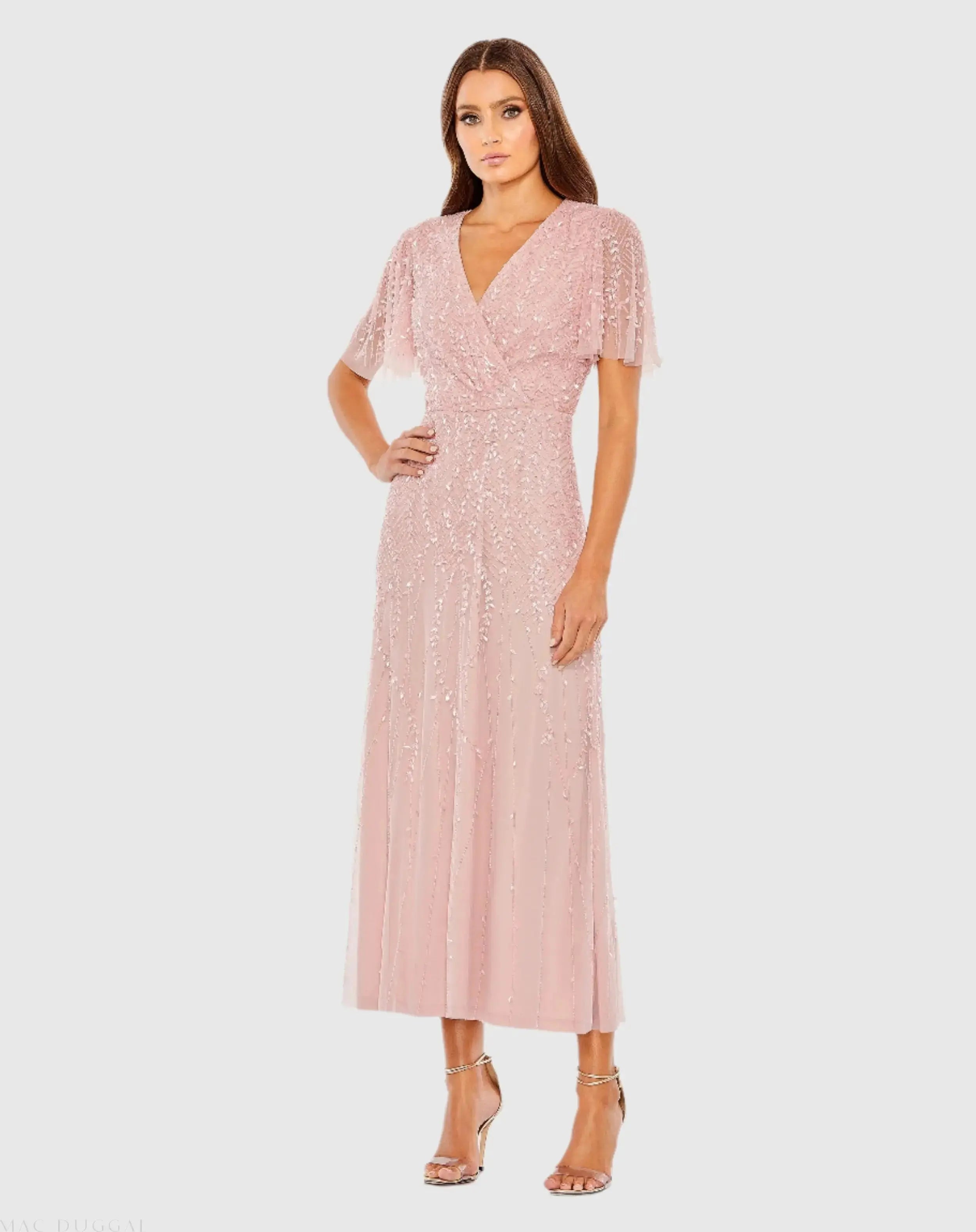 Pink Beaded Wrap Over Butterfly Sleeve Dress - Mac Duggal Pink Beaded Wrap Over Butterfly Sleeve Dress - Mac Duggal