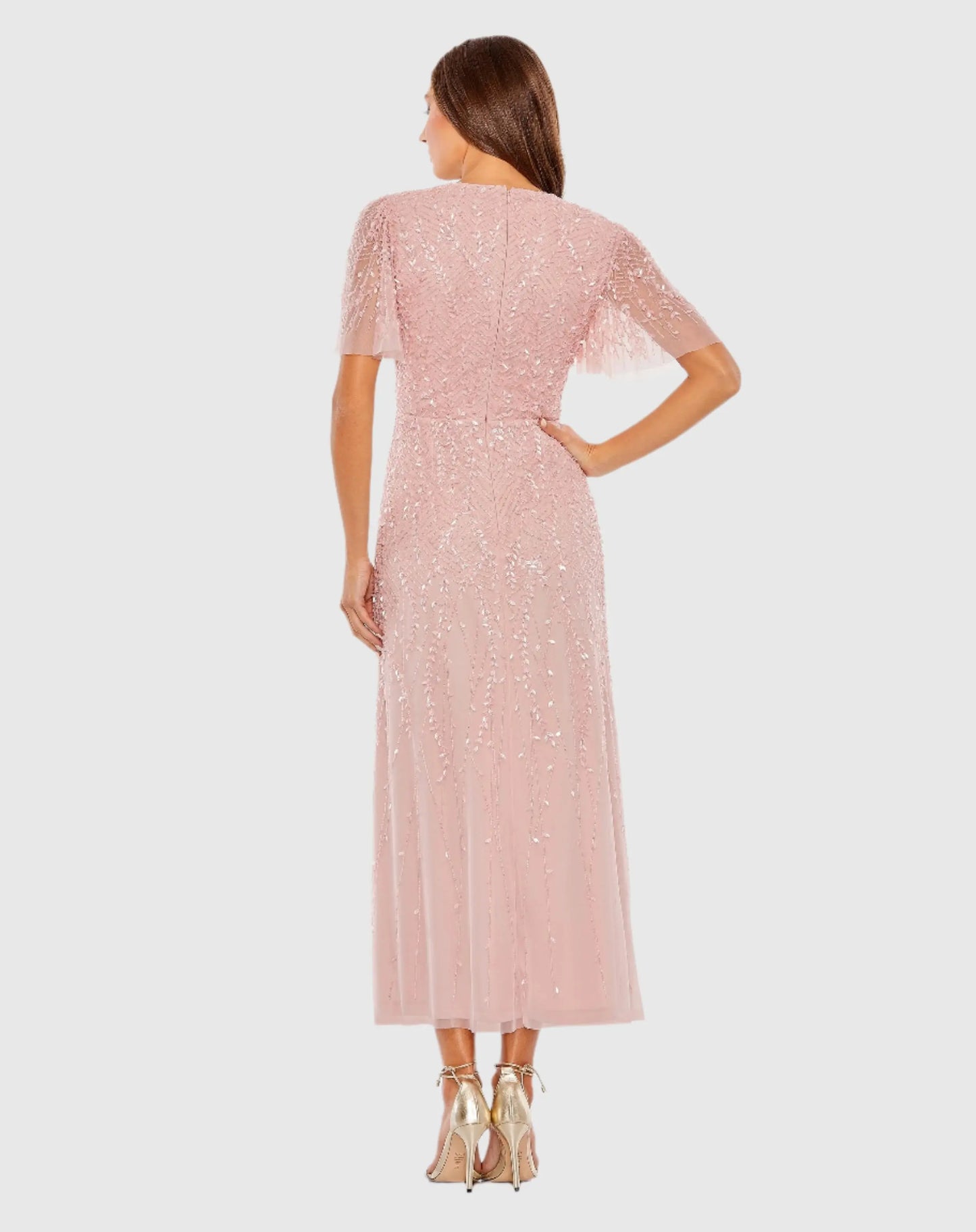 Pink Beaded Wrap Over Butterfly Sleeve Column Dress - Mac Duggal