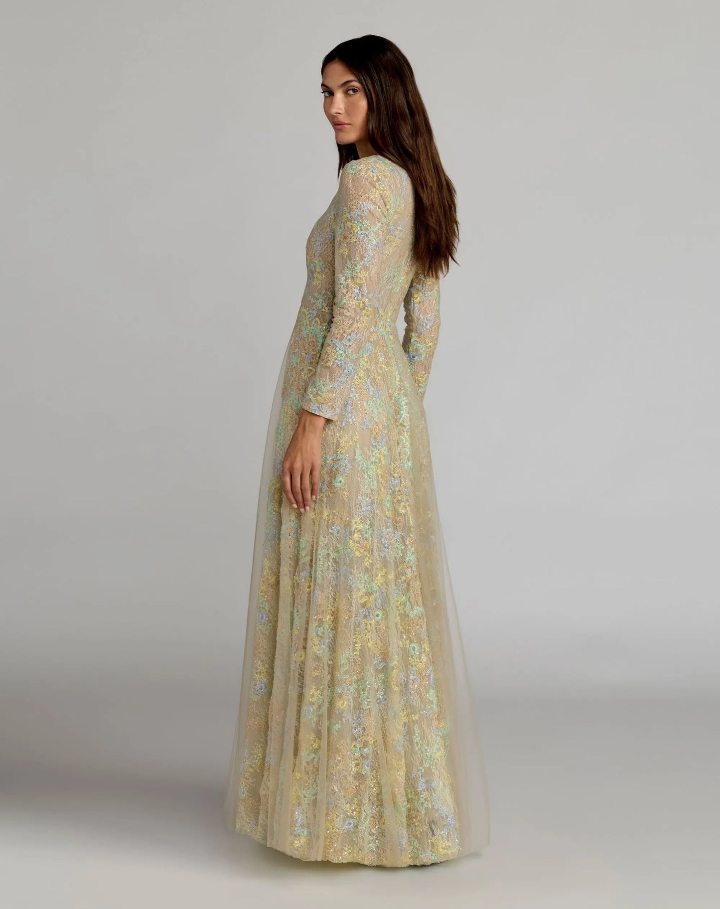 Beige Long Sleeve Embellished Lace A-Line Gown - Mac Duggal