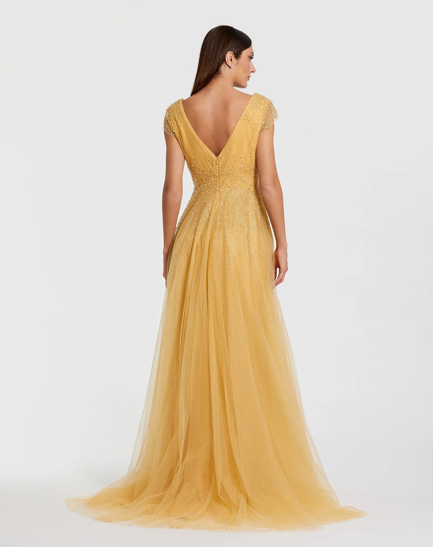 Yellow Embellished Cap Sleeve V Neck Tulle Gown - Mac Duggal