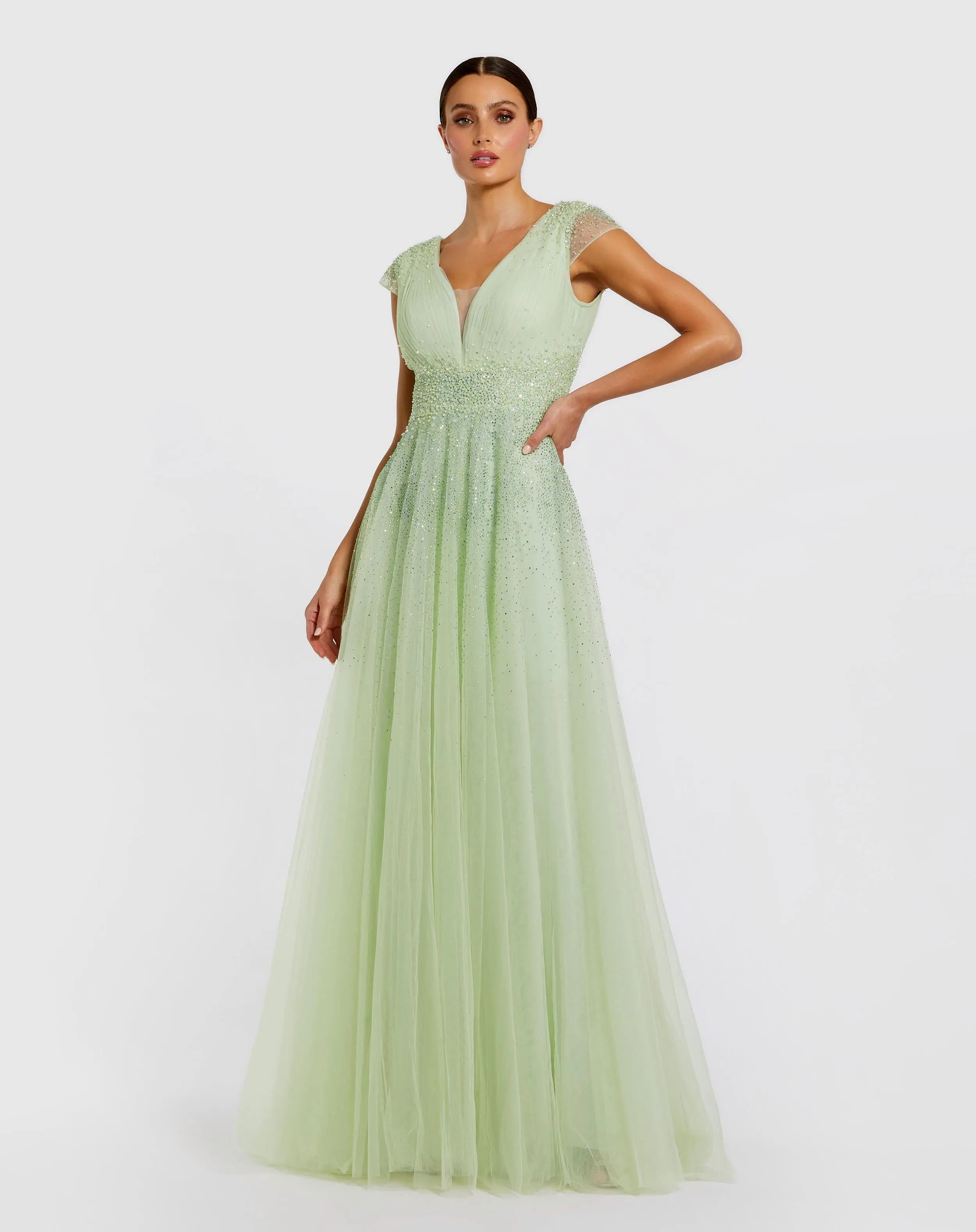 Green Embellished Cap Sleeve V Neck Tulle Gown | Mac Duggal Green Embellished Cap Sleeve V Neck Tulle Gown | Mac Duggal