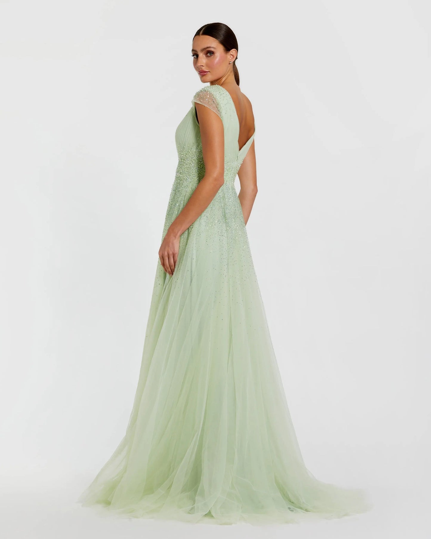 Green Embellished Cap Sleeve V Neck Tulle Gown Mac Duggal