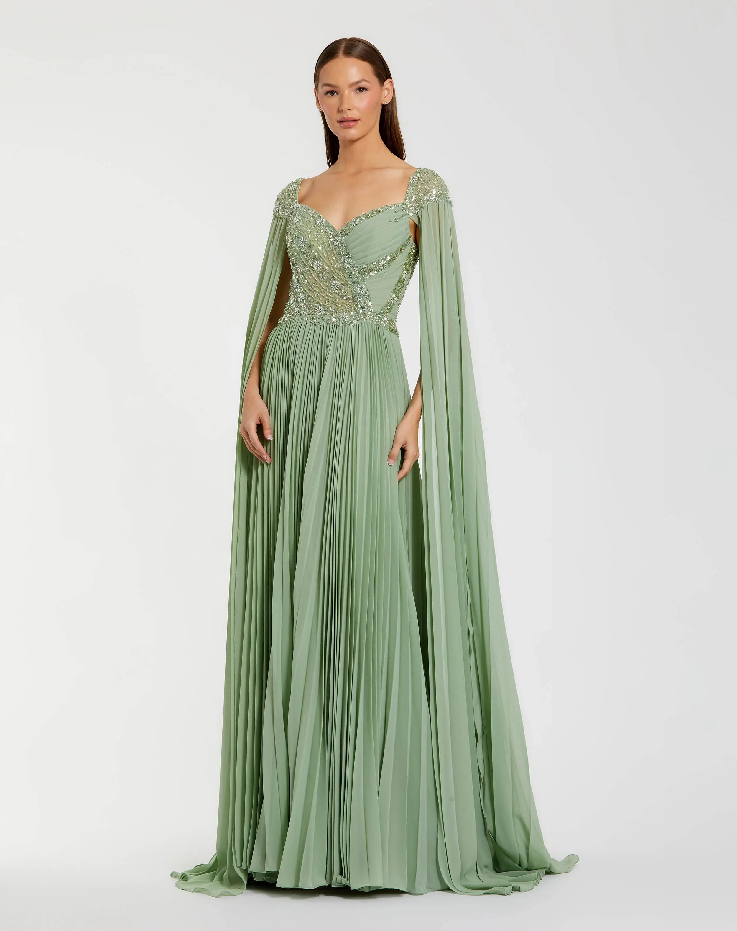 Green Embellished Chiffon Cape Sleeve A Line Gown | Mac Duggal Green Embellished Chiffon Cape Sleeve A Line Gown | Mac Duggal