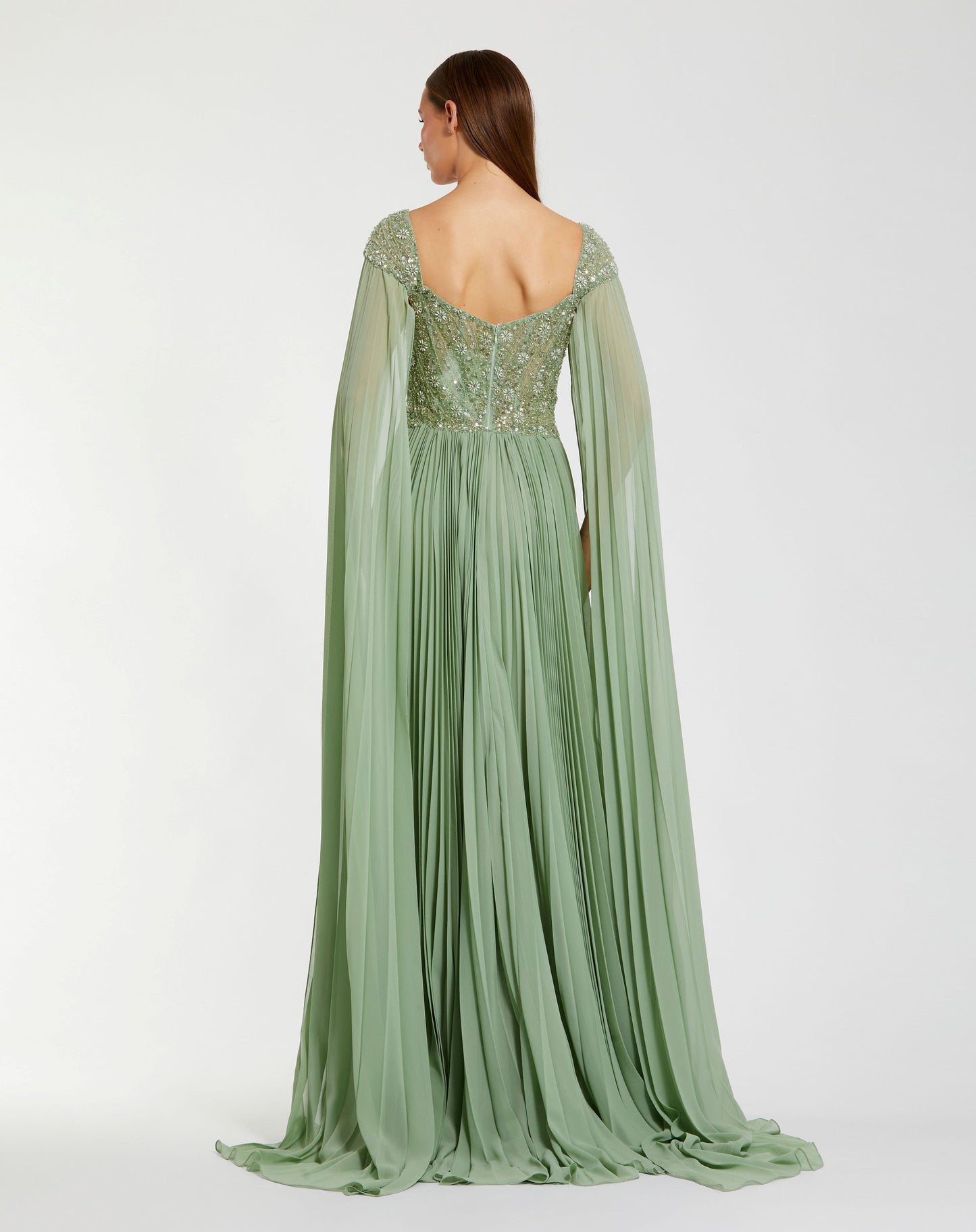 Green Embellished Chiffon Cape Sleeve A Line Gown - Mac Duggal