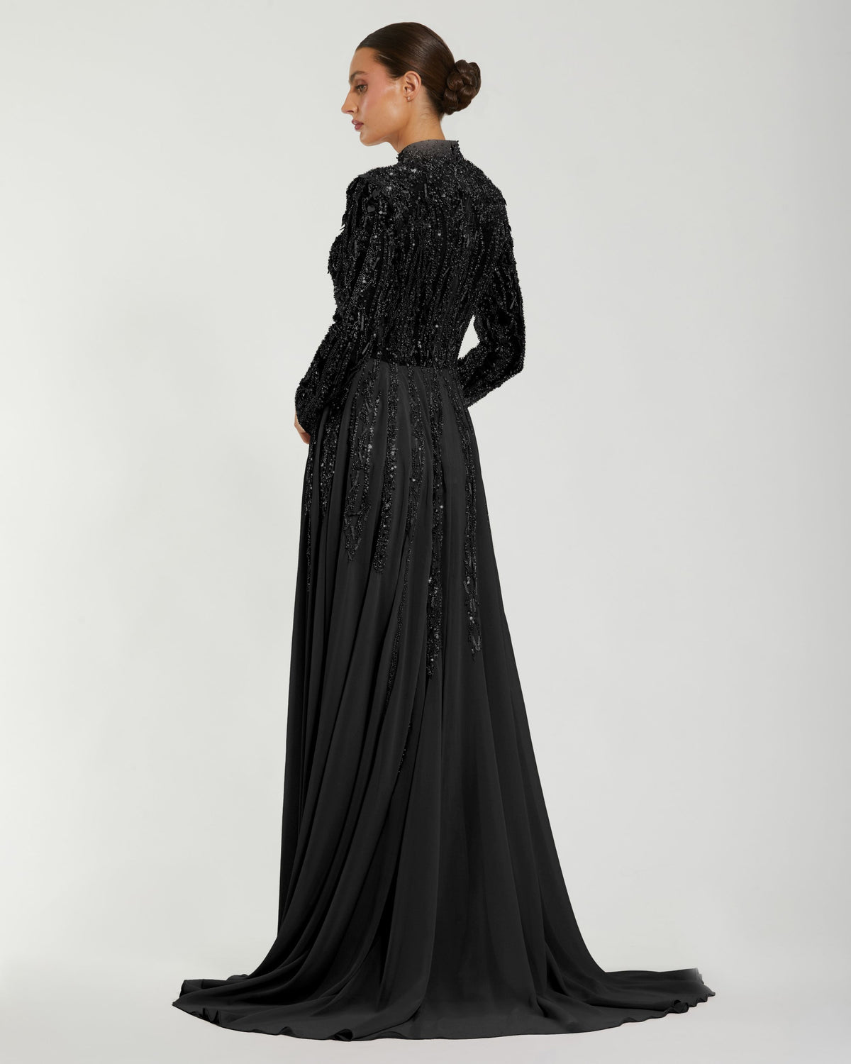 Black Embellished Long Sleeve Gown with Slit - Mac Duggal