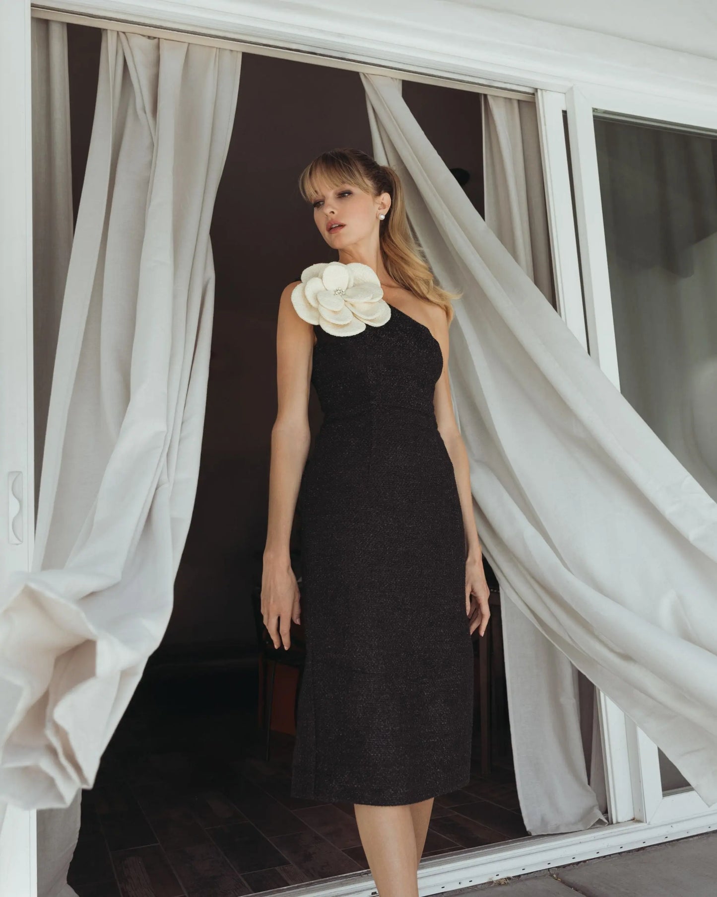 Black One Shoulder Boucle Midi Dress With 3D Flower - Ieena for Mac Duggal