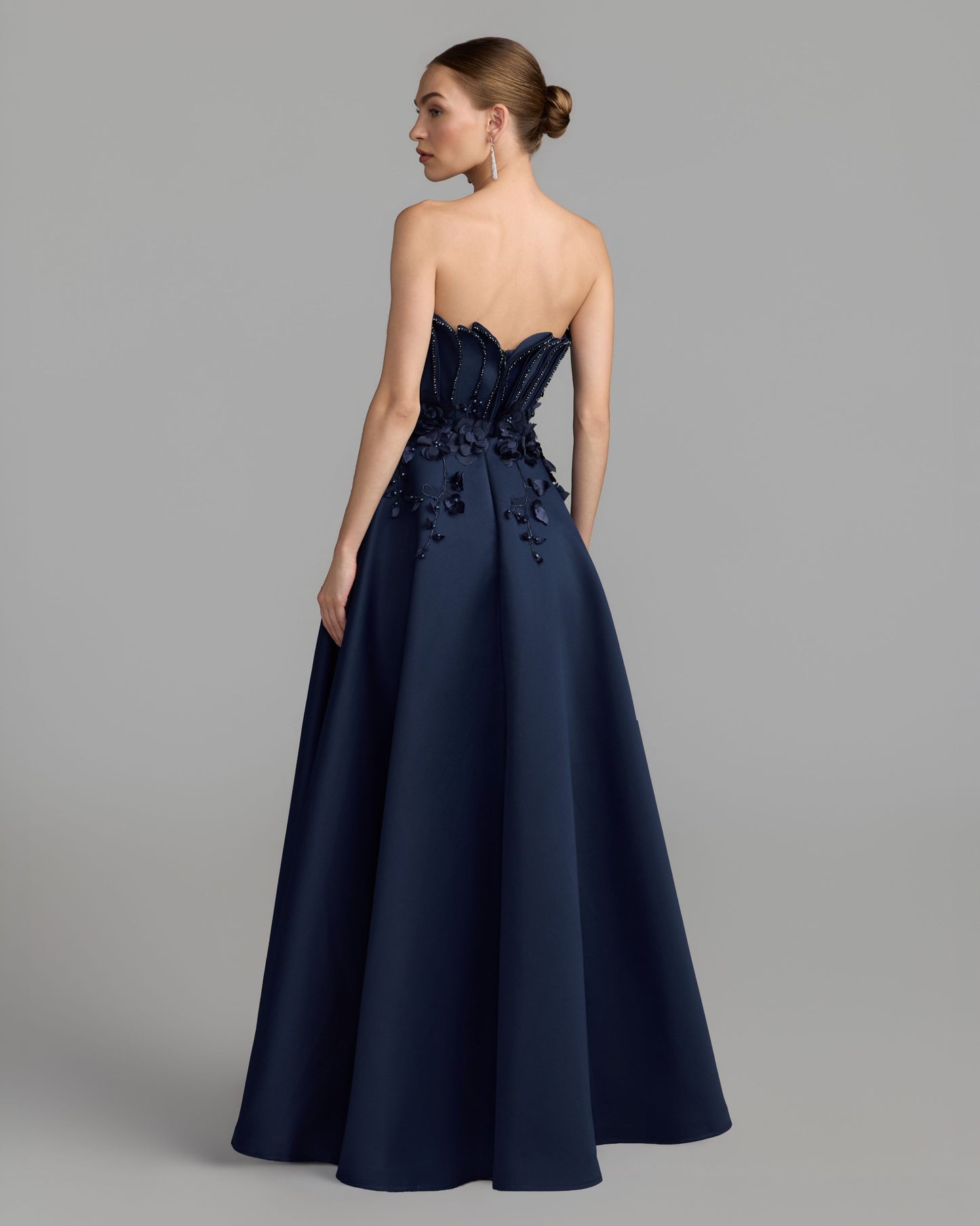 Navy Strapless Satin Floral Embellished Ball Gown Mac Duggal