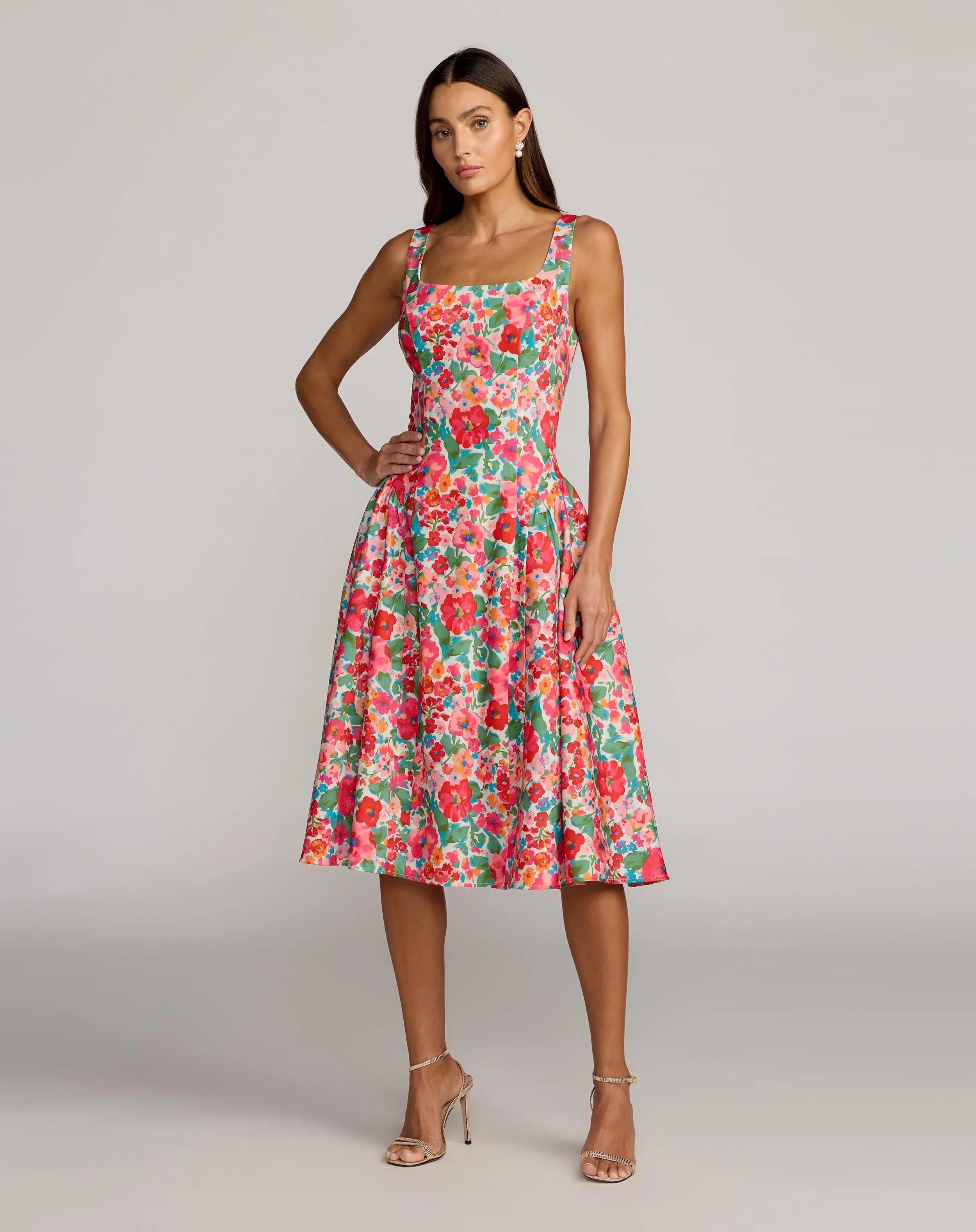 mac duggal pink sleeveless floral chiffon micro ruffle midi dress Pink Sleeveless V Neck Floral Mesh Ruffle Midi Dress