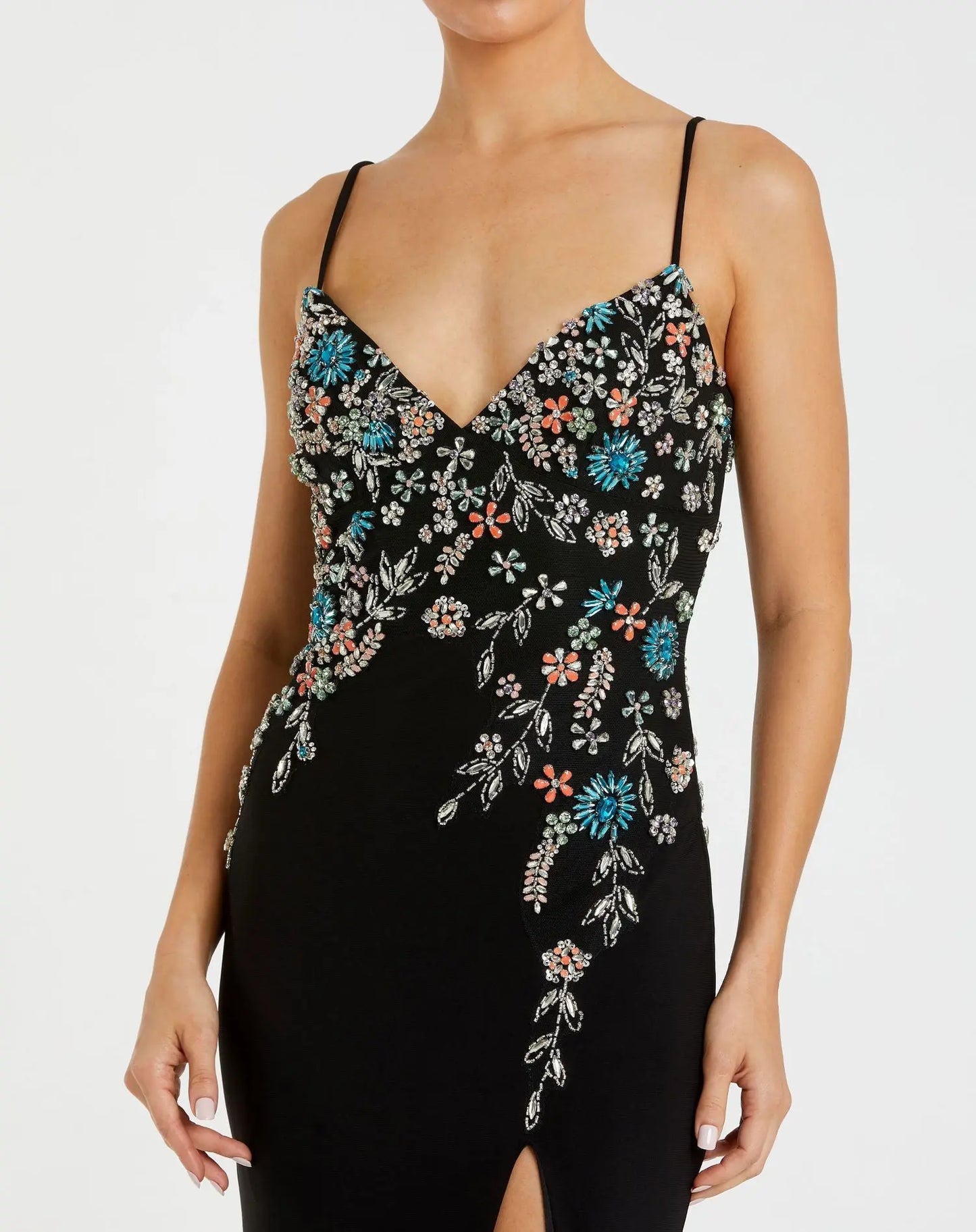 Black Multi Color Beaded Floral Cami Gown - Mac Duggal