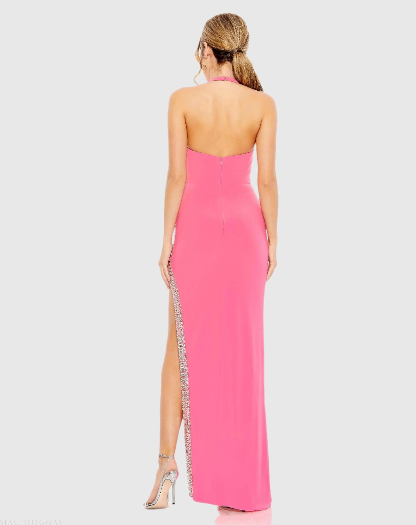 Pink Jersey Halter Neck Beaded Slit Detail Gown - Mac Duggal