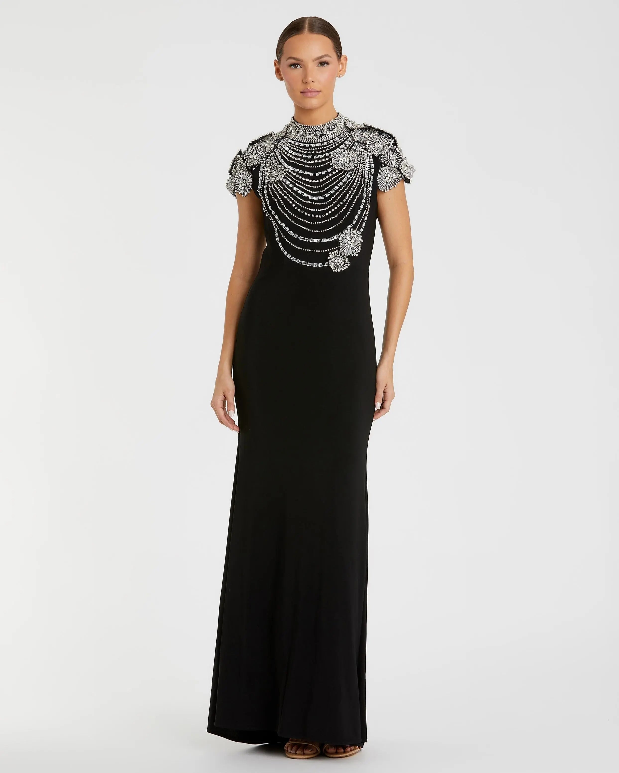 Black High Neck Embellished Column Gown - Mac Duggal Black High Neck Embellished Column Gown - Mac Duggal