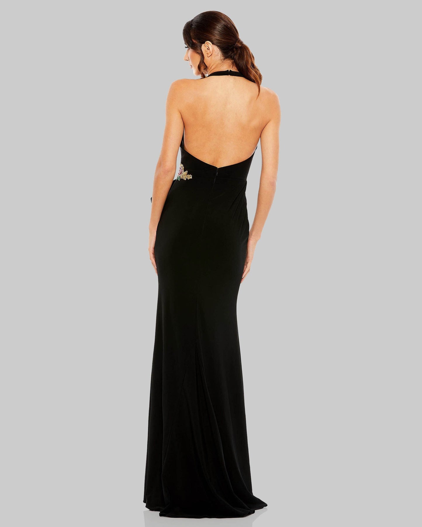 Black Halter Floral Embellished Column Gown Mac Duggal